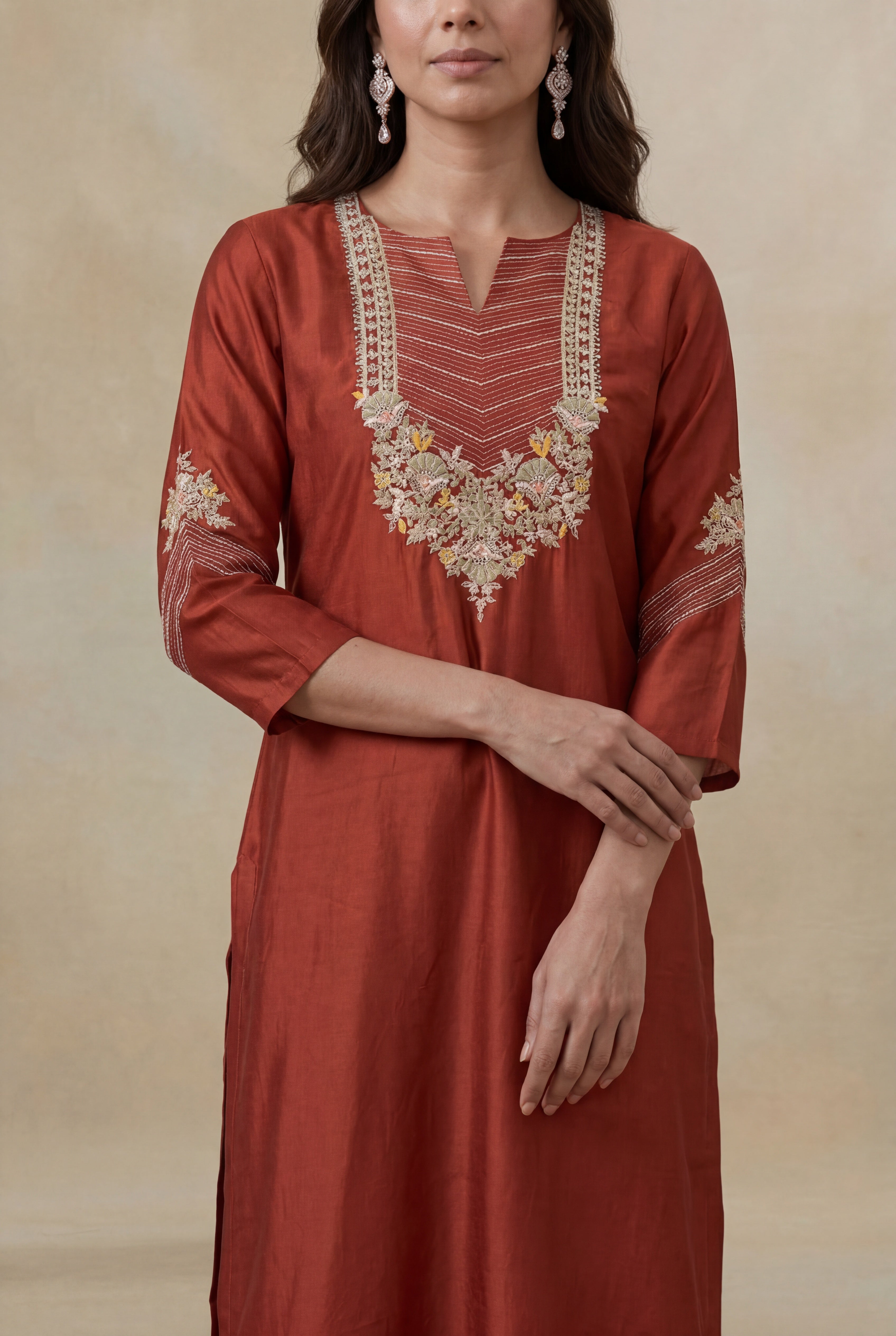 Rust Satin Silk Kurta Set