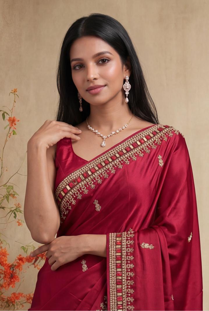 Marronish Red Satin Saree