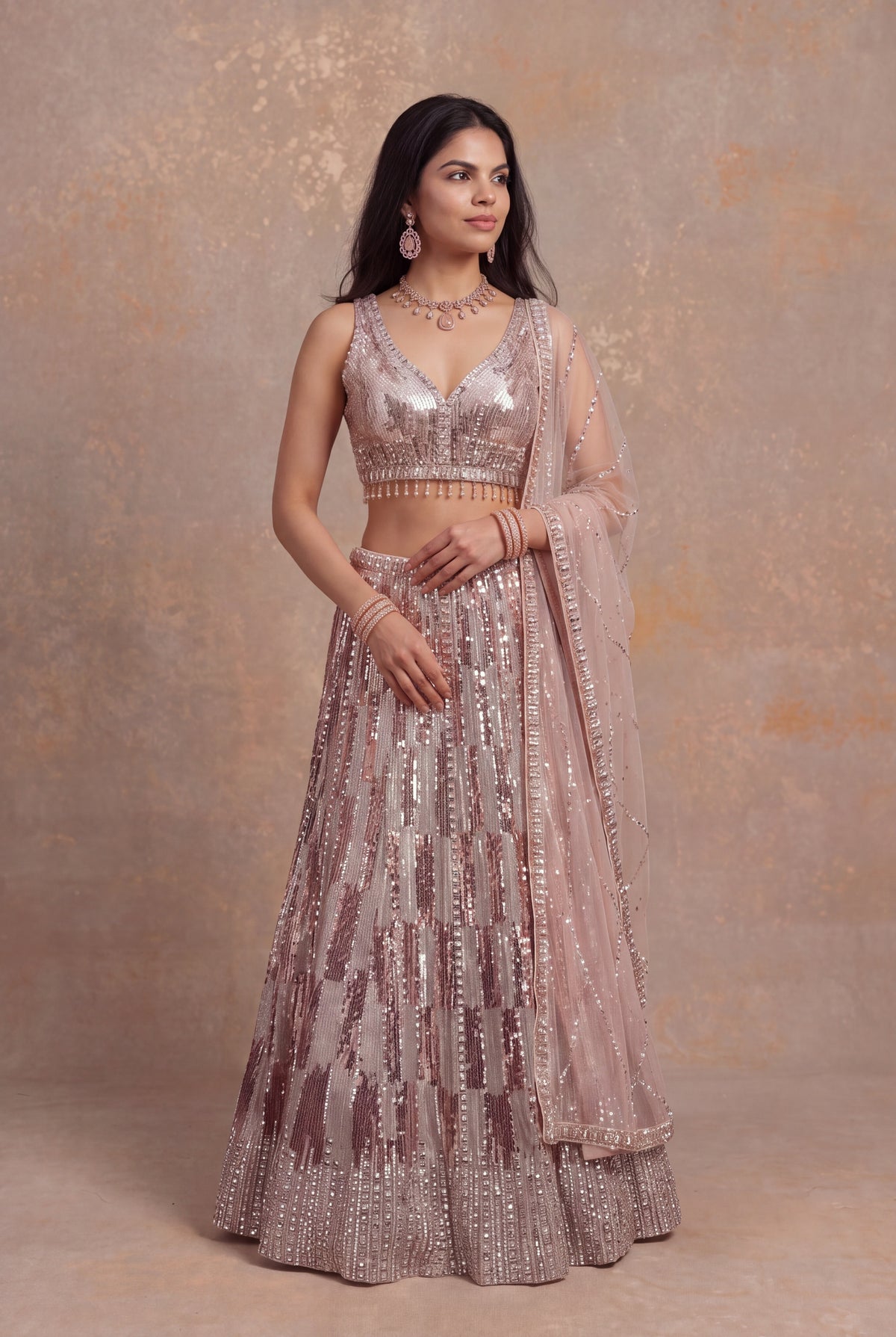 Peach Sequin & Katdana Embellished Net Lehenga - Mokshaa