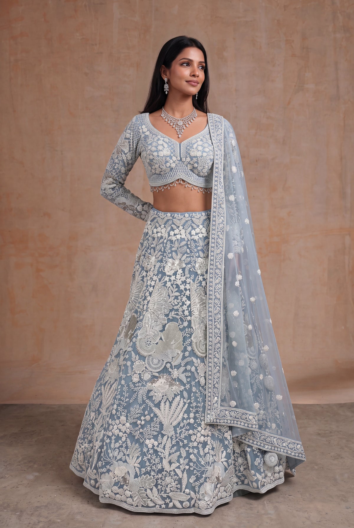 Sky Blue Net Lehenga with White Sequin and Pearl Work - Mokshaa