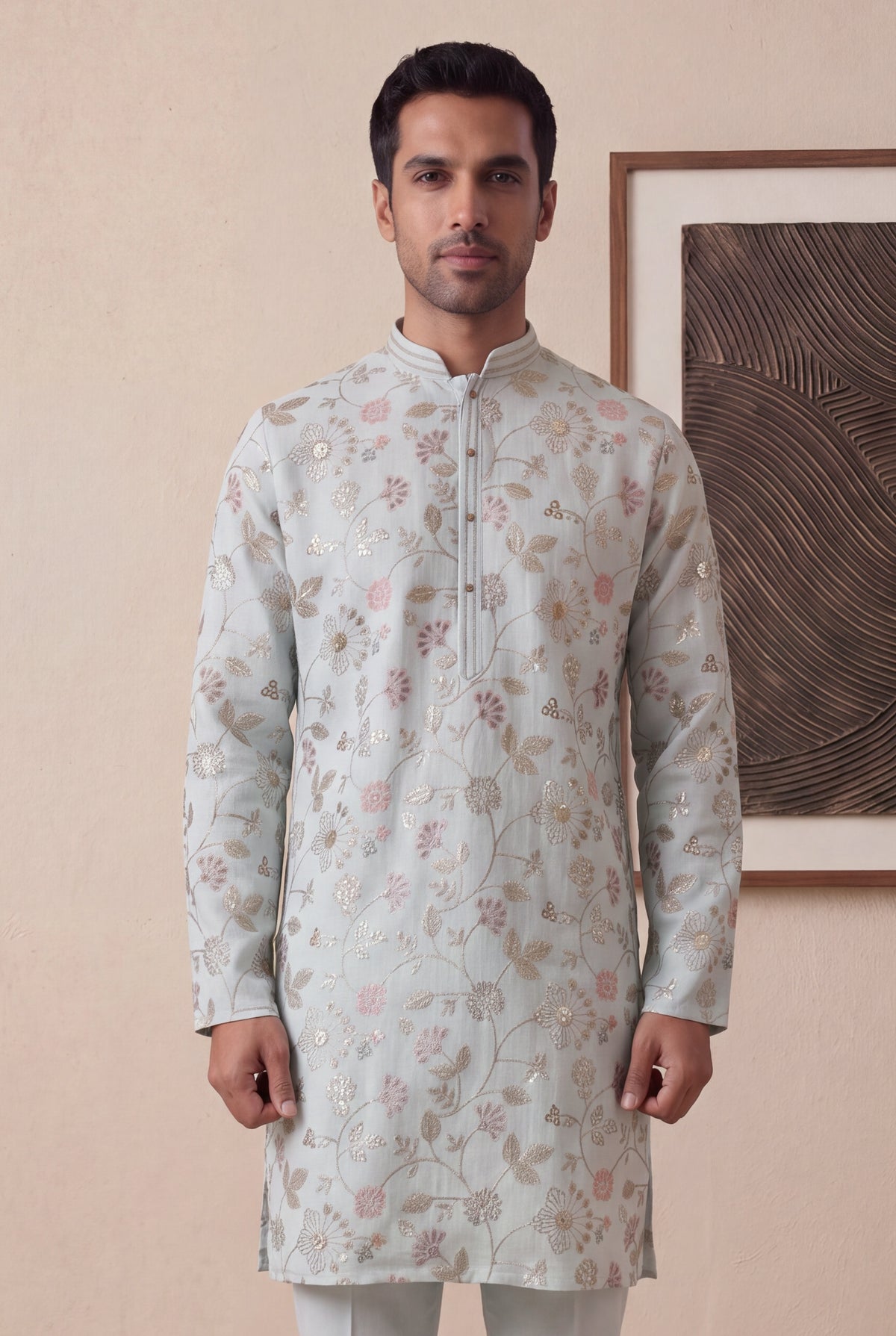 Ice Blue Linen Kurta Set - Mokshaa