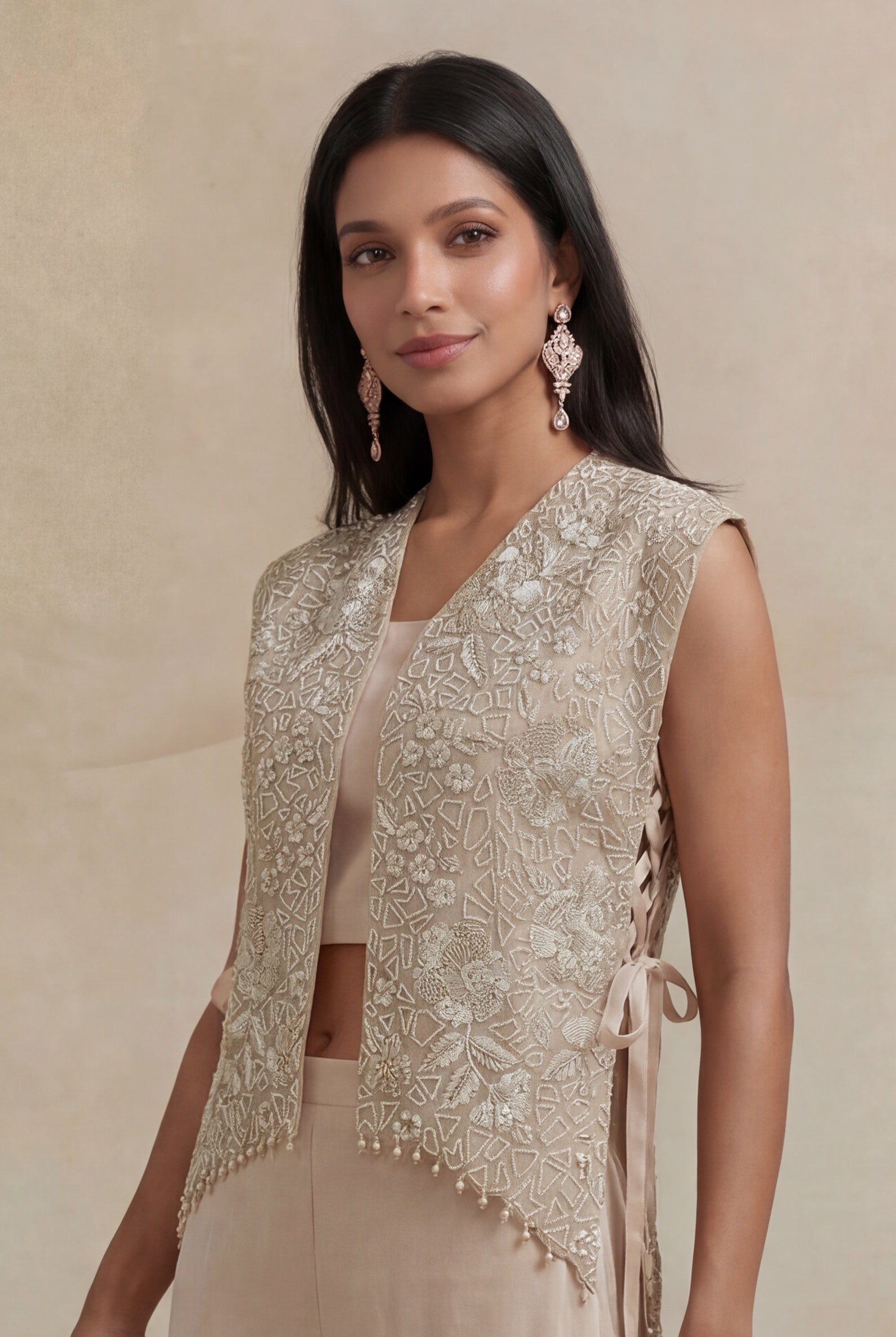 Champagne Beige Organza Indo-Western Co-Ord Set