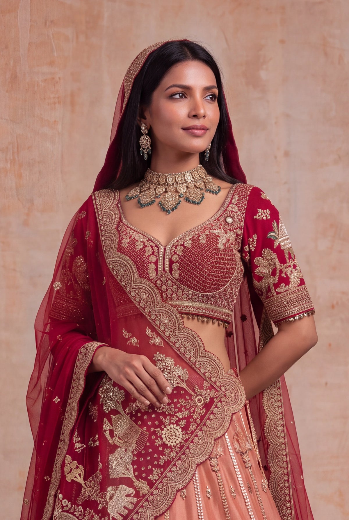 Peach & Deep Red Tissue Bridal Lehenga - Mokshaa