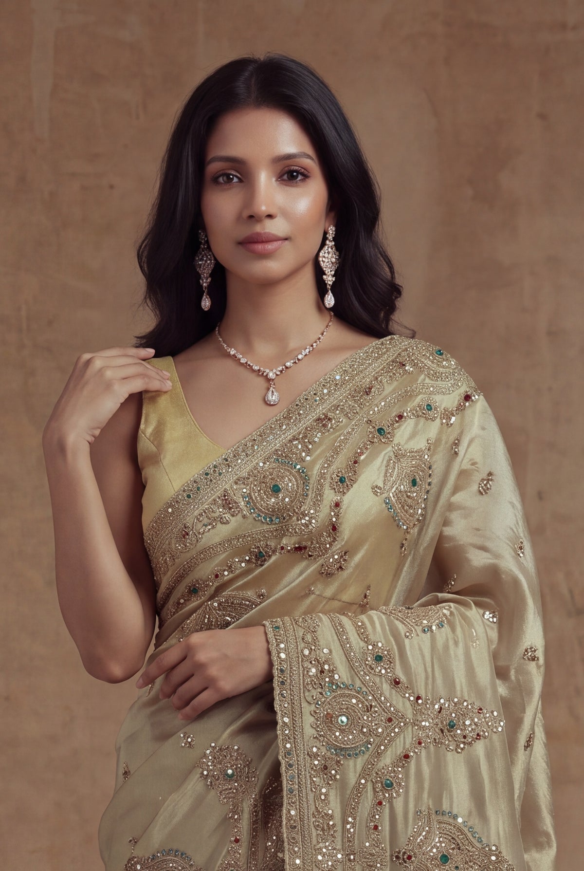 Antique Gold Tissue Zardosi Saree - Mokshaa