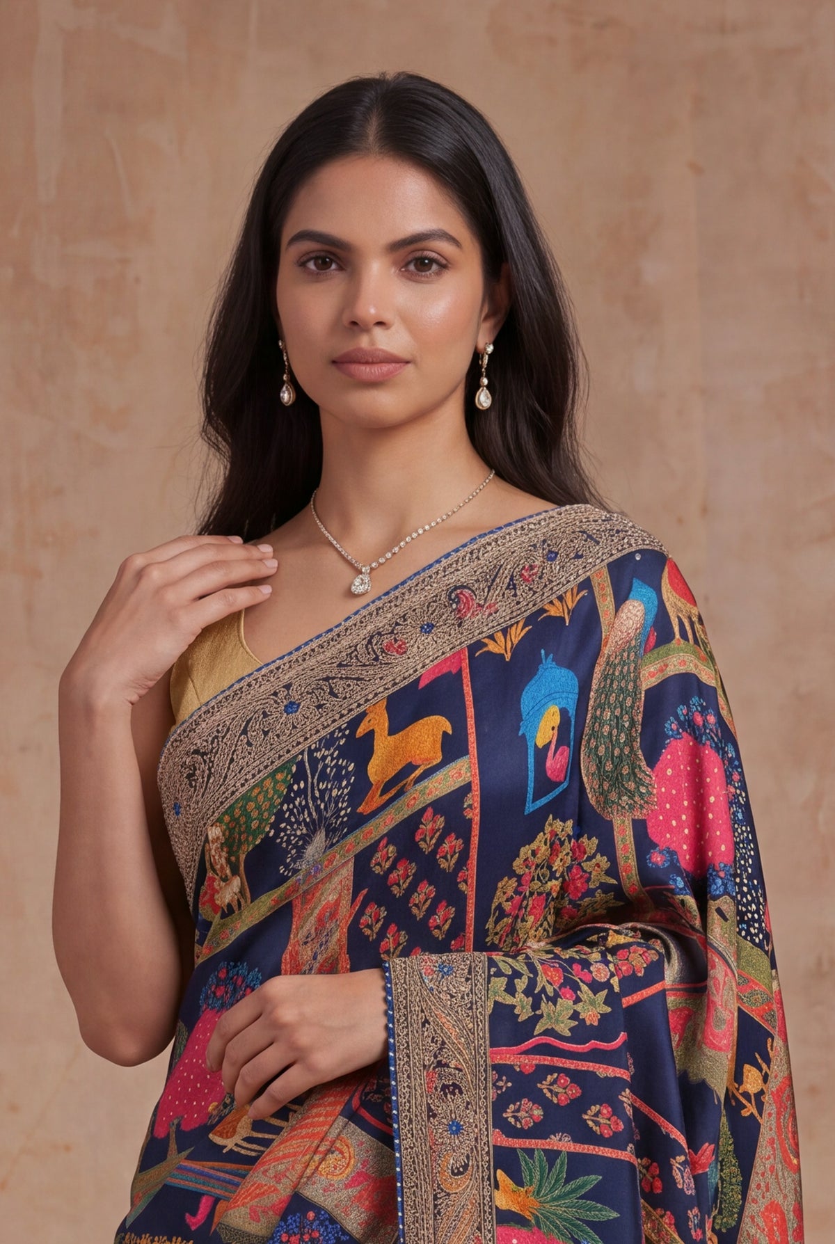 Navy Blue Digital Print Satin Saree - Mokshaa
