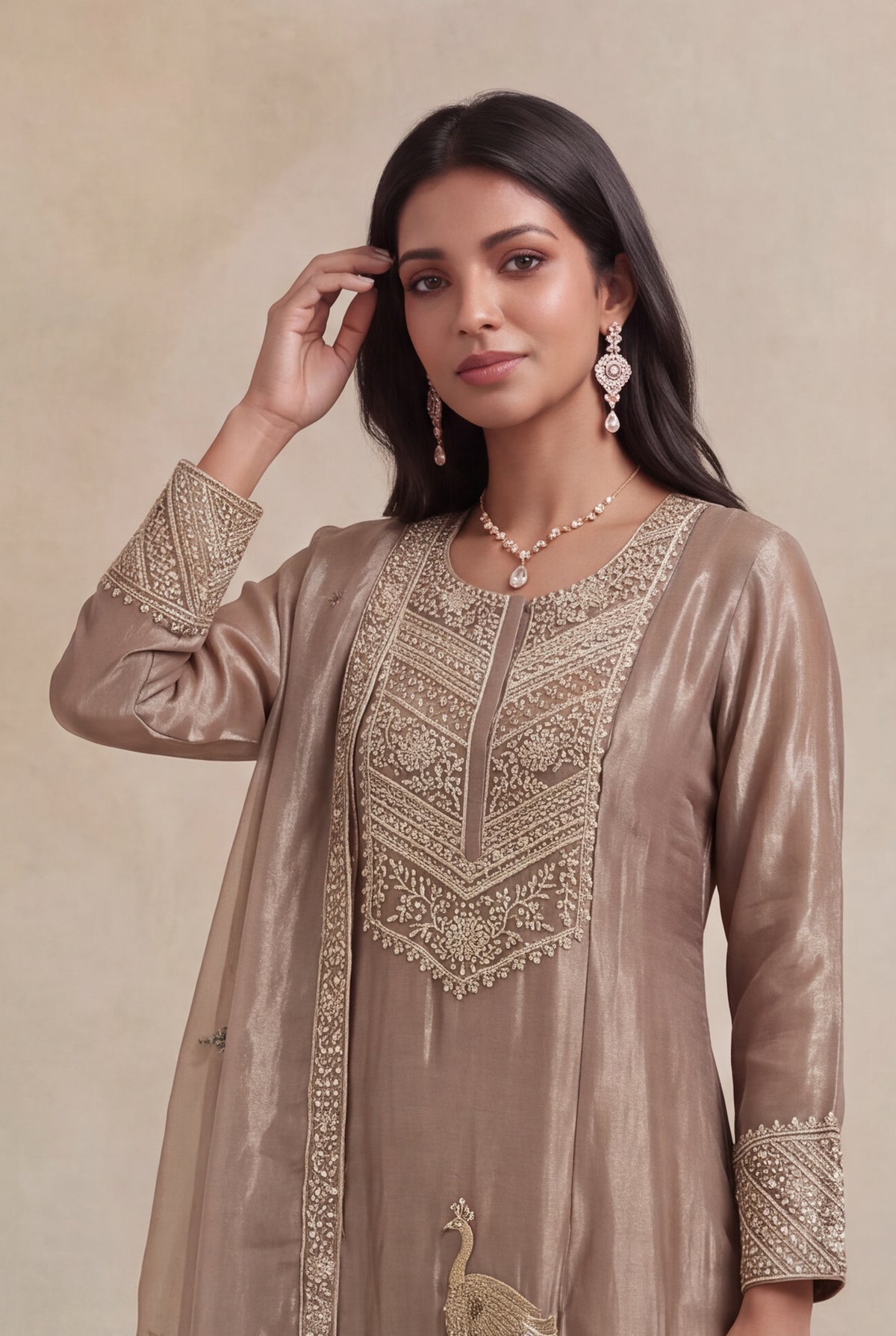 Mocha Taupe Pure Tissue Silk Indo Western Kurta Set with Zardozi Embroidery - Mokshaa