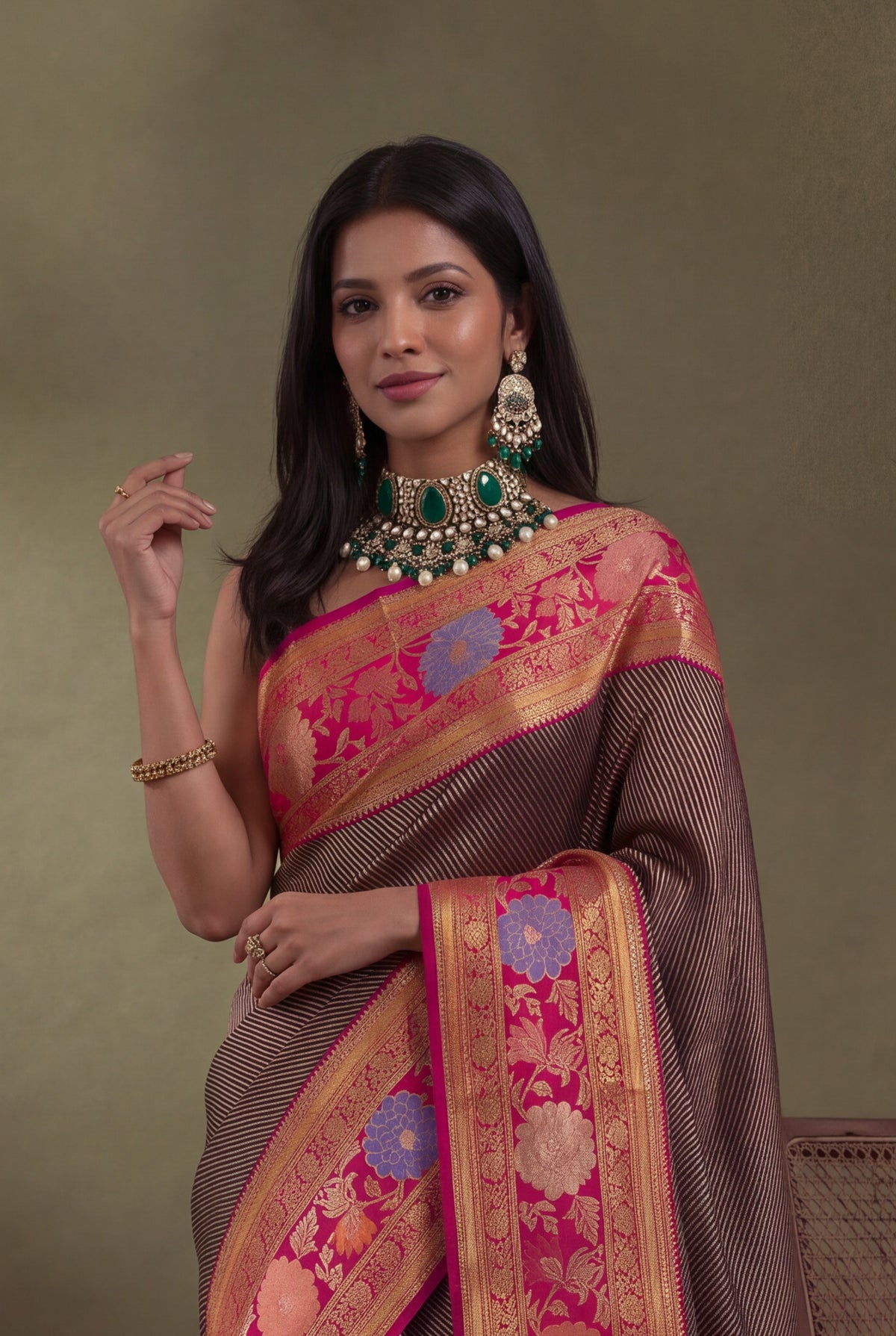 Violet Kanchivaram Silk Jamdani Border Saree - Mokshaa