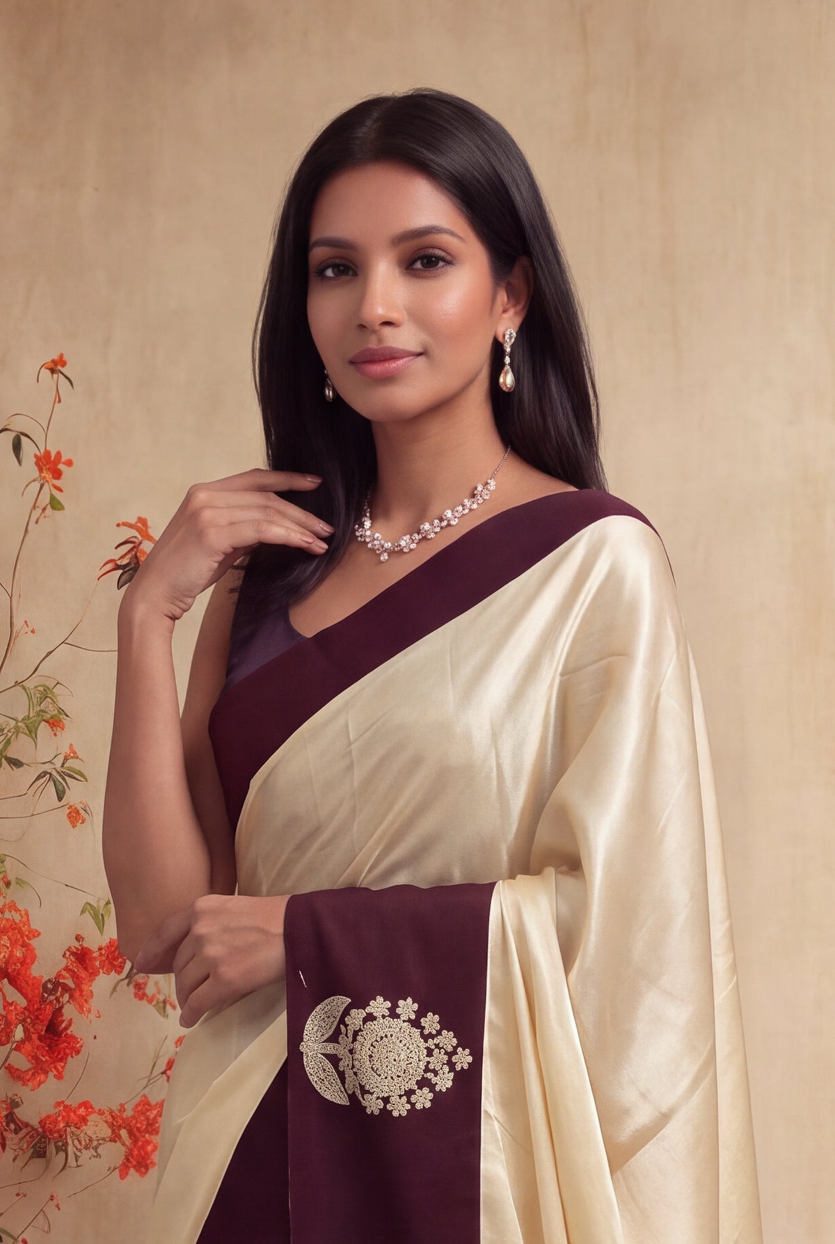 Ivory Crepe Silk Saree - Mokshaa