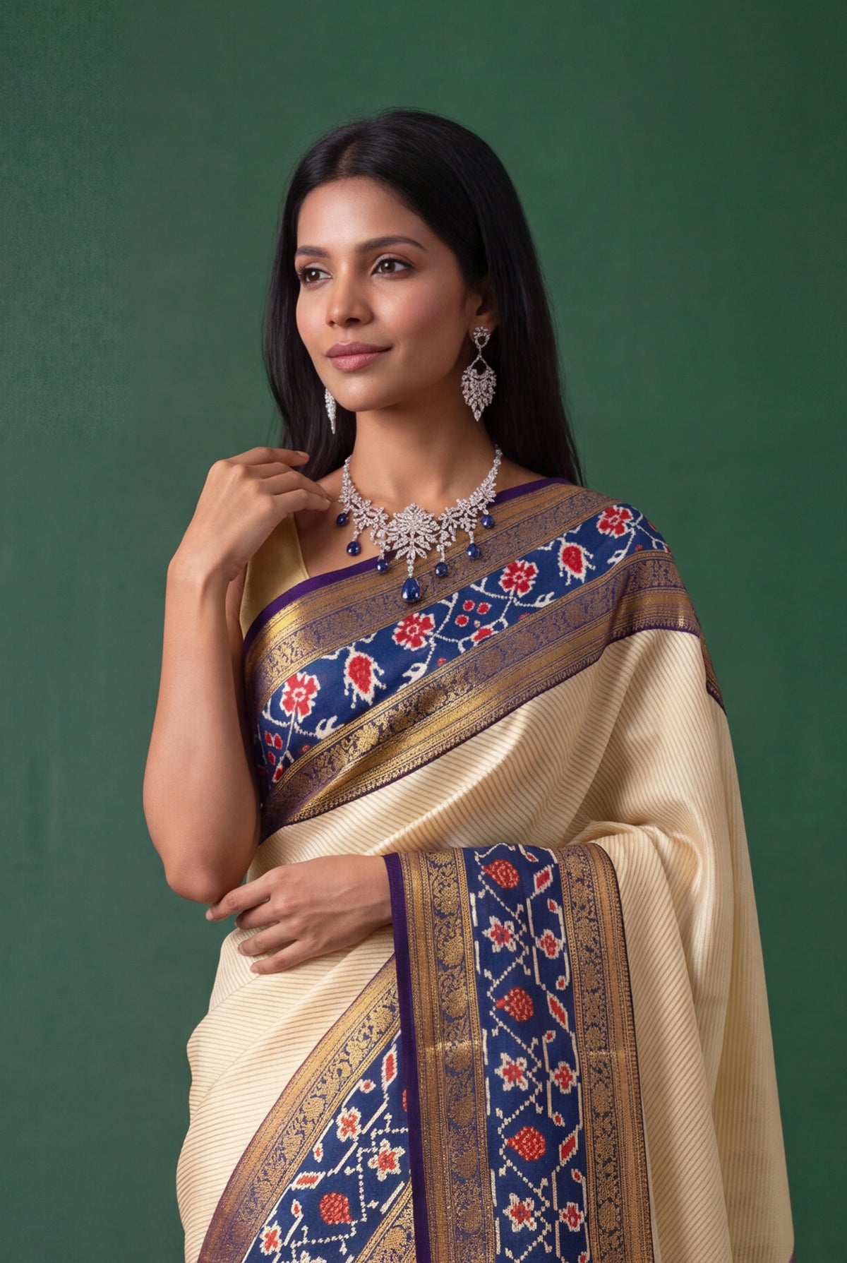 Light Gold Kanchivaram Silk Fusion Saree - Mokshaa