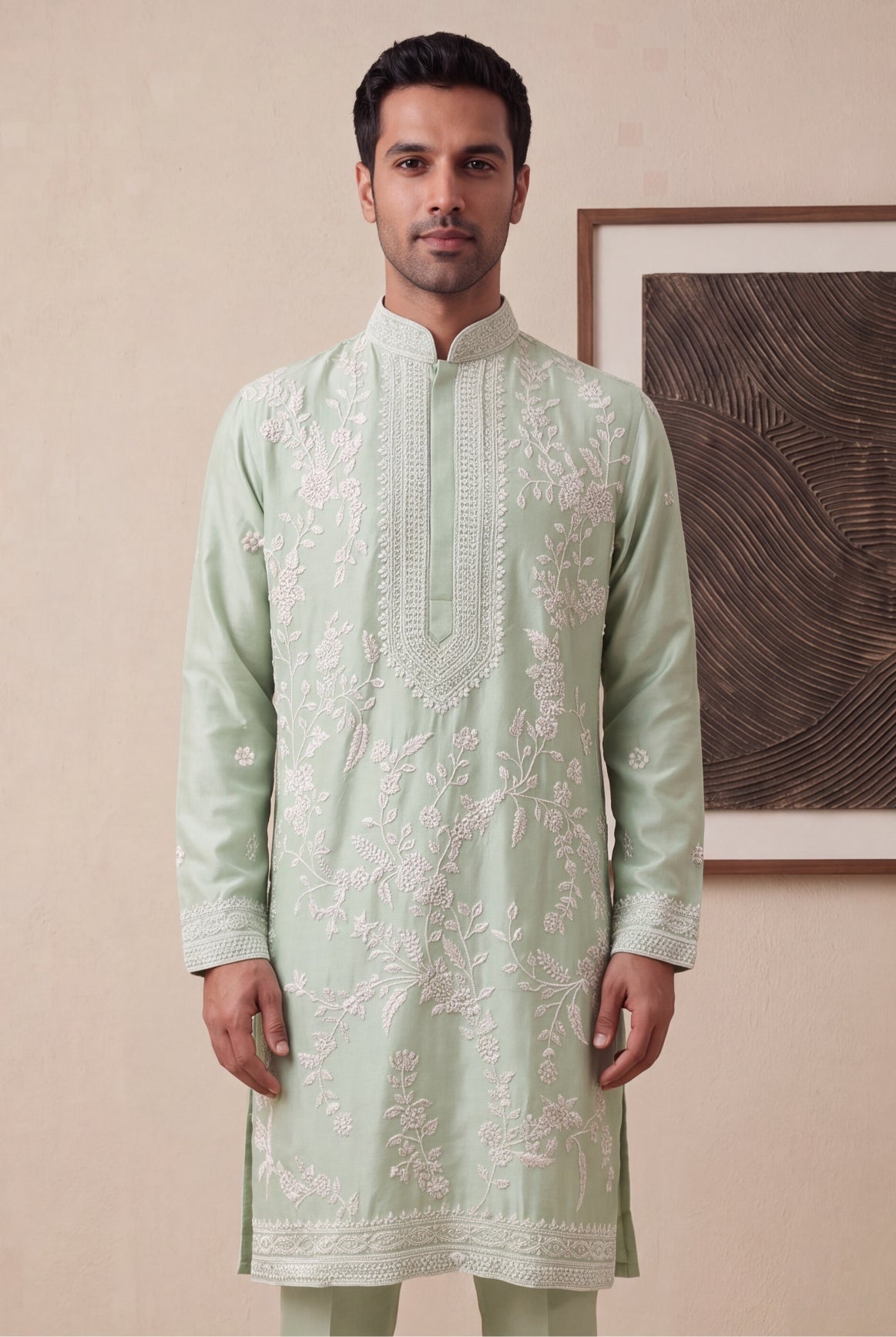 Sage Green Raw Silk Kurta Pant Set - Mokshaa