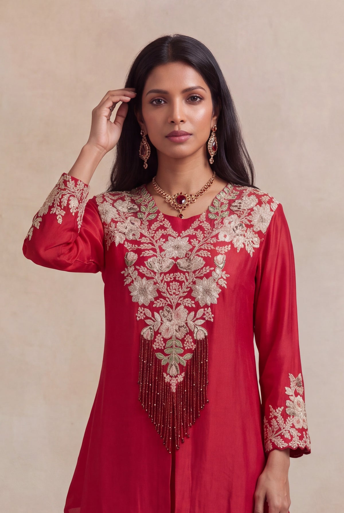 Red Raw Silk Zardosi Indo-Western Palazzo Set - Mokshaa