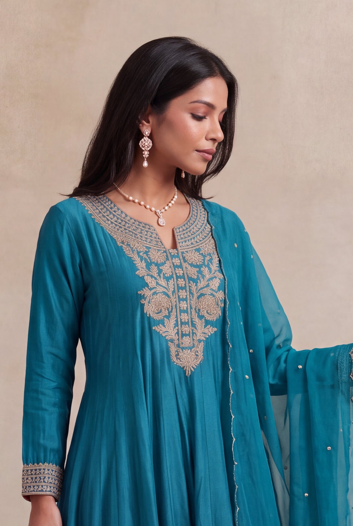 Teal Blue Chinon Silk Anarkali - Mokshaa