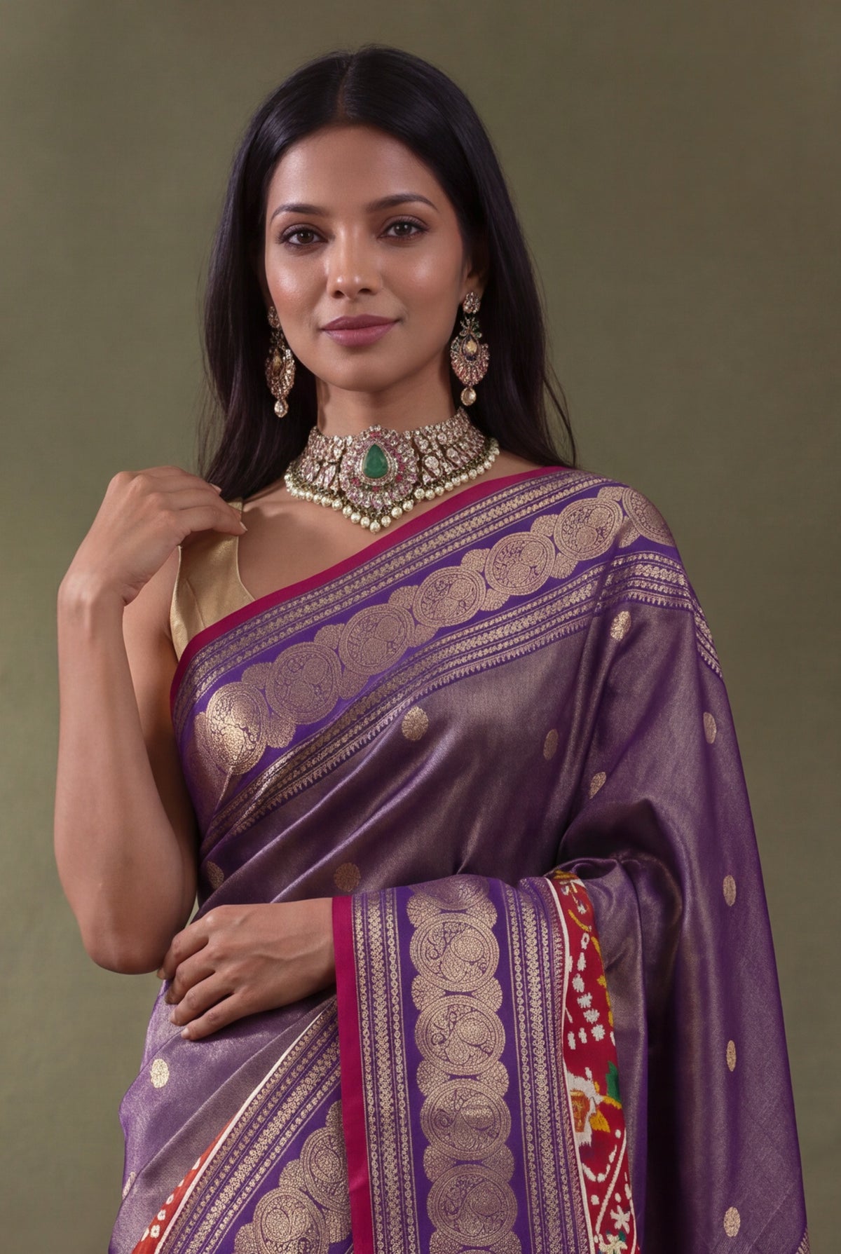 Purple Kanchipuram Silk Fusion Saree with Patan Patola Border - Mokshaa