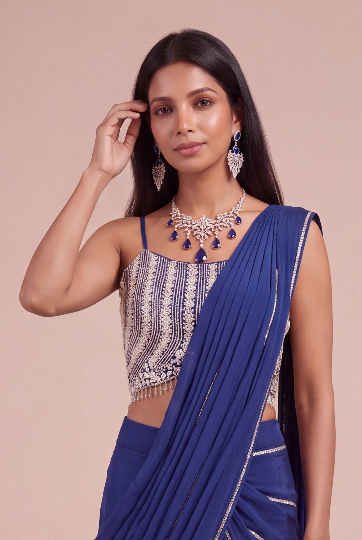 Royal Blue Chinon Crepe Draped Saree - Mokshaa