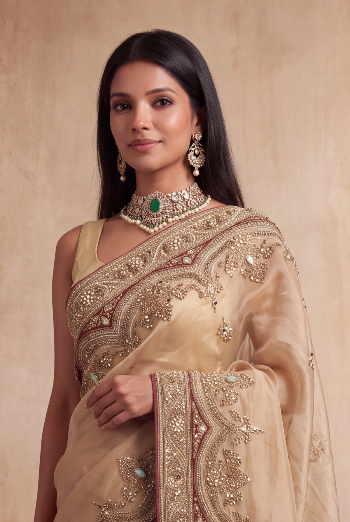 Gold Tissue Organza Zardosi Saree - Mokshaa