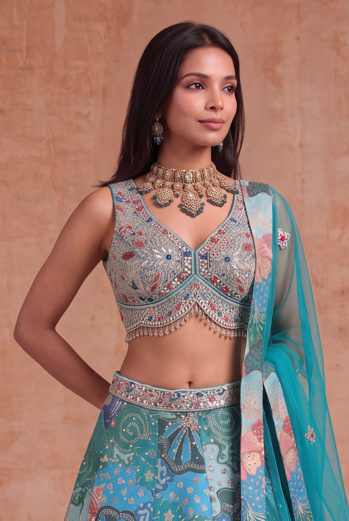 Teal Tissue Silk Floral Lehenga - Mokshaa