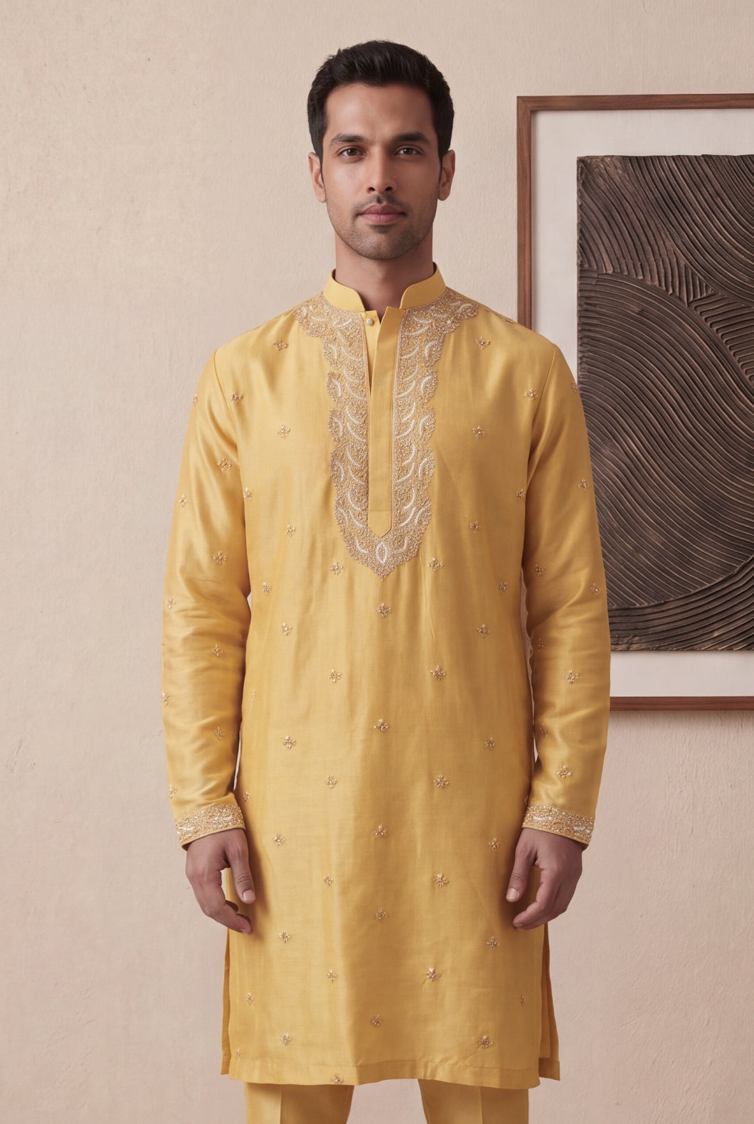 Yellow Raw Silk Embroidered Kurta Pant - Mokshaa
