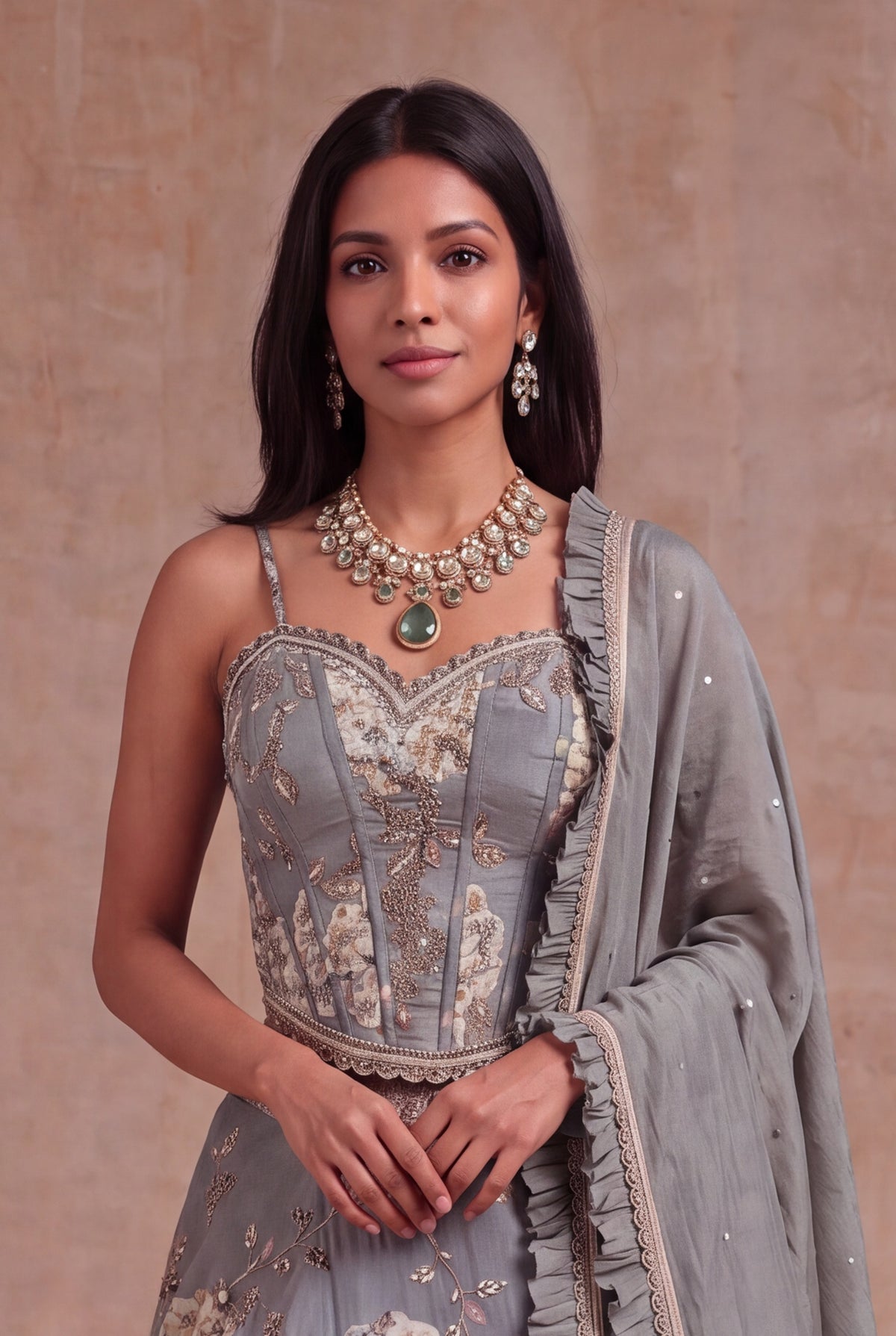 Grey Tissue Silk Floral Lehenga with Zari Work - Mokshaa