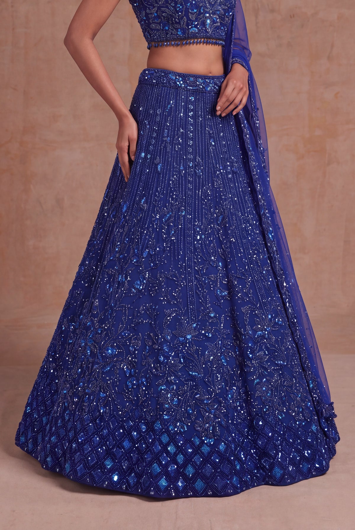 Royal Blue Net Lehenga with Sequin, Kutdana & Stone Embroidery - Mokshaa
