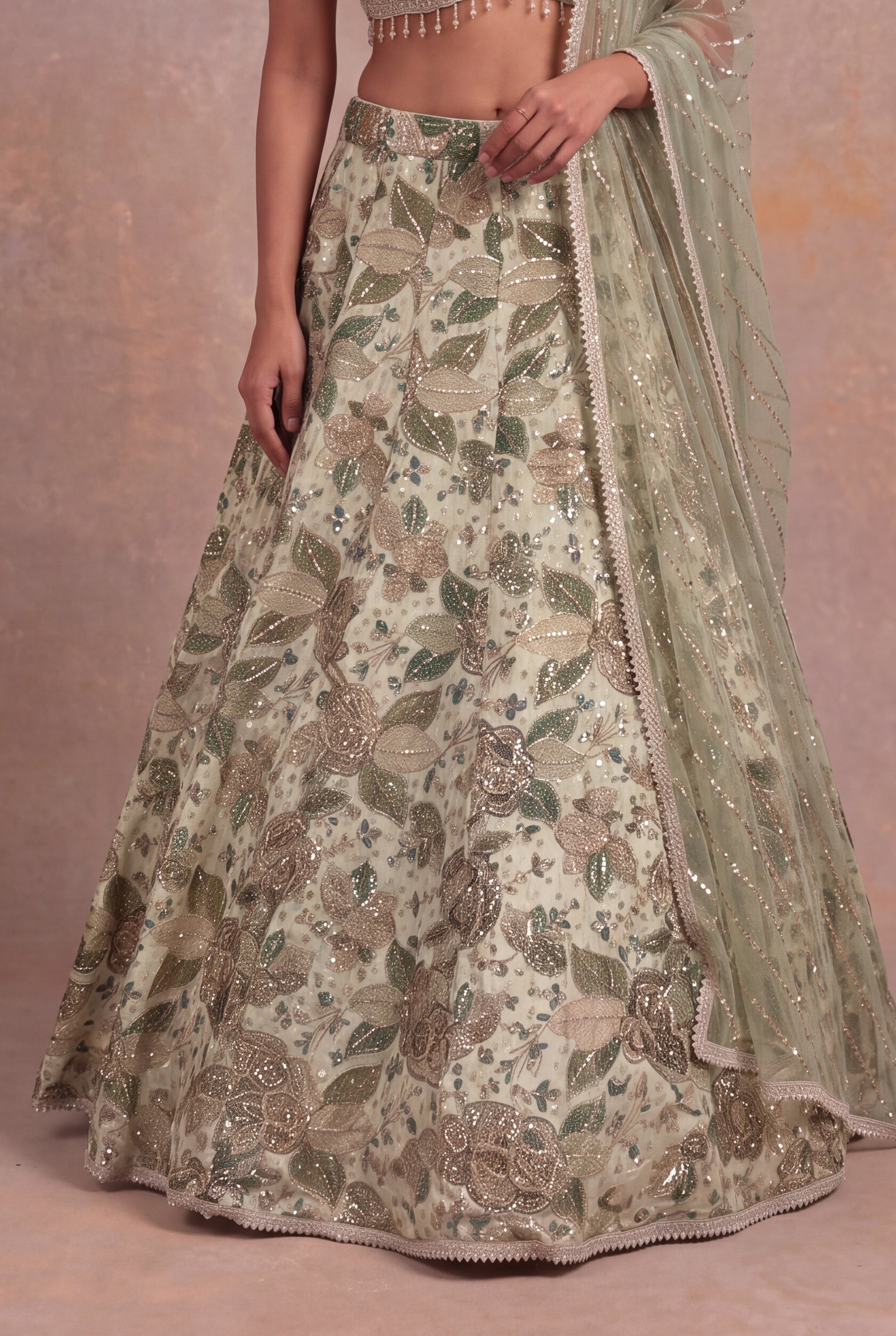 Pistachio Green Crepe Lehenga with Zari, Sequin & Stone Floral Embroidery