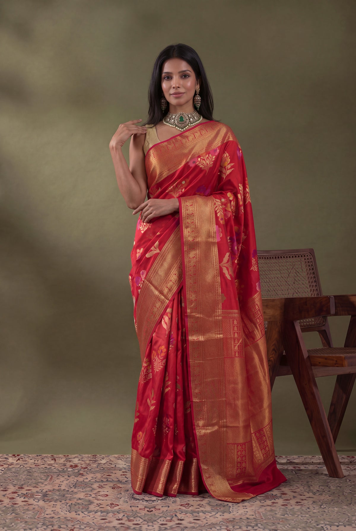 Red Banarasi Silk Saree with Kanjivaram Border - Mokshaa