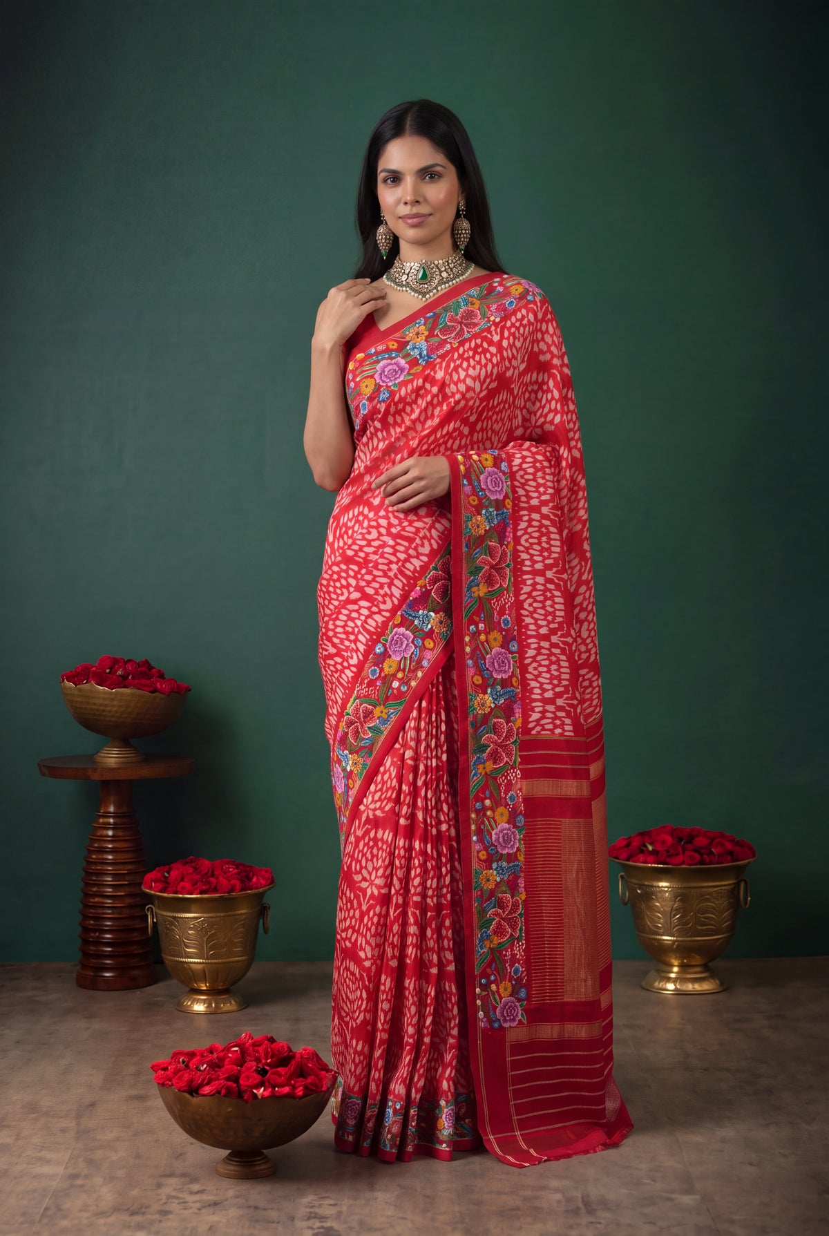 Red Ikat Silk Saree with Petit Point Border - Mokshaa