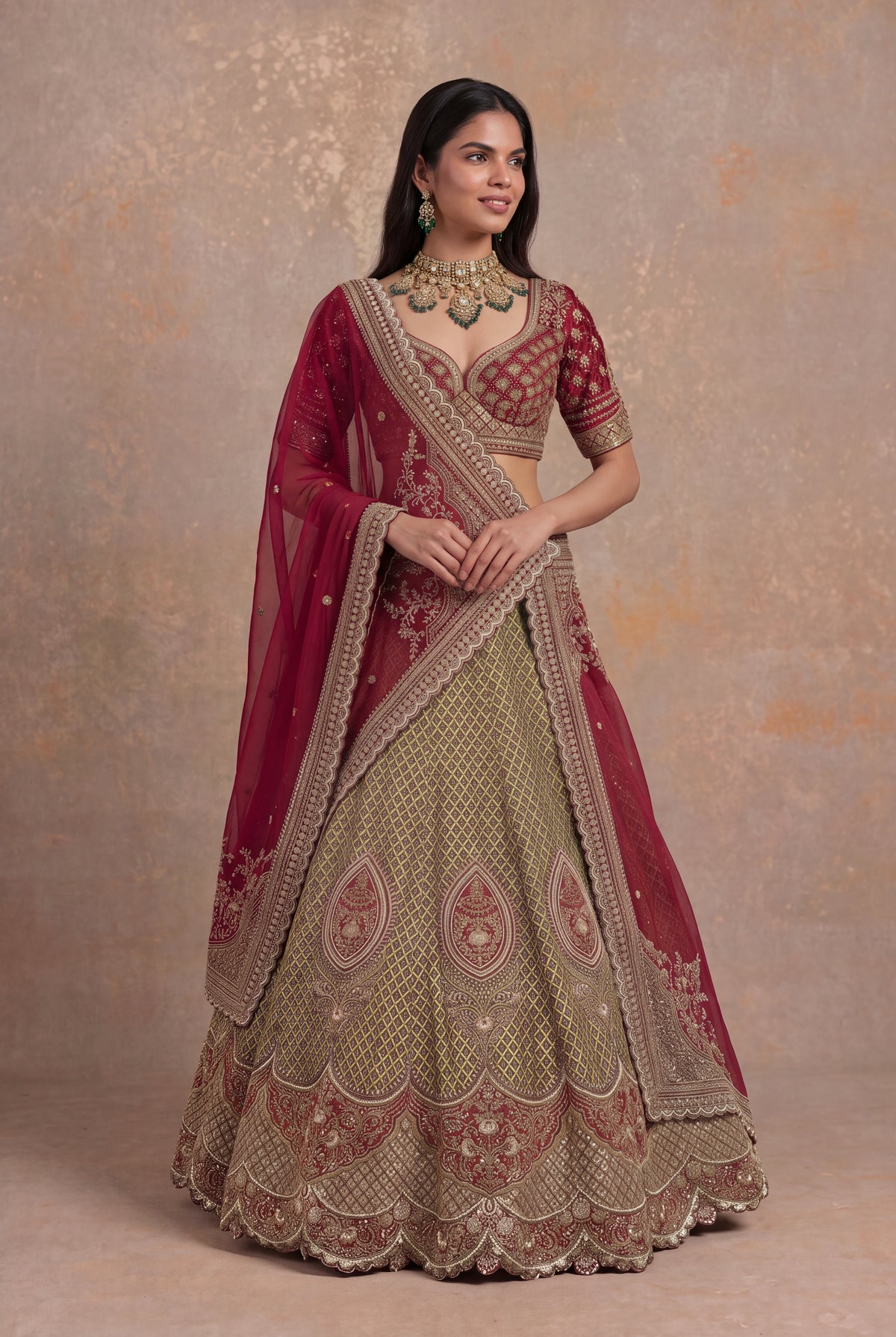 Olive Green Printed Silk Lehenga Set with Zardozi and Cutdana Work - Mokshaa