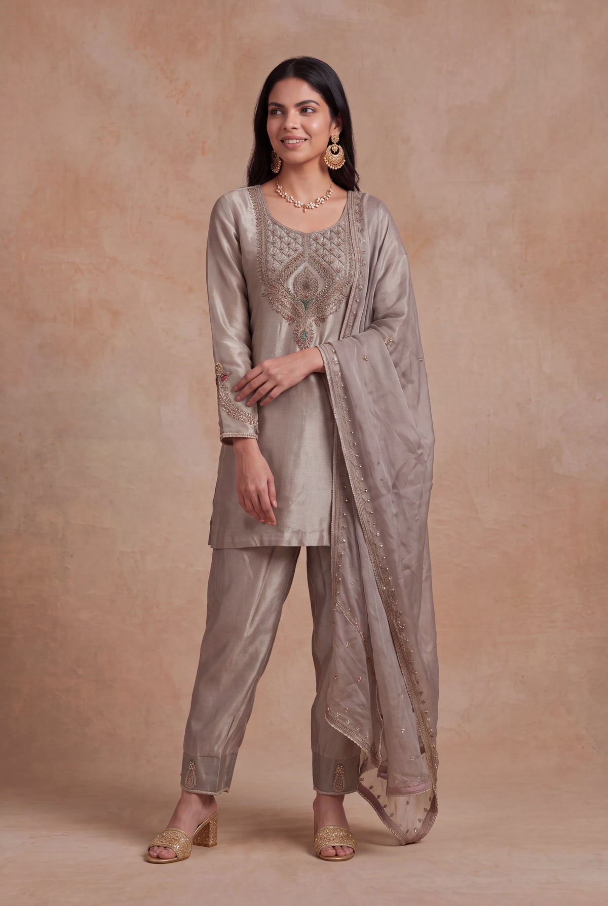 Silver Grey Tissue Indo-Western Set - Mokshaa