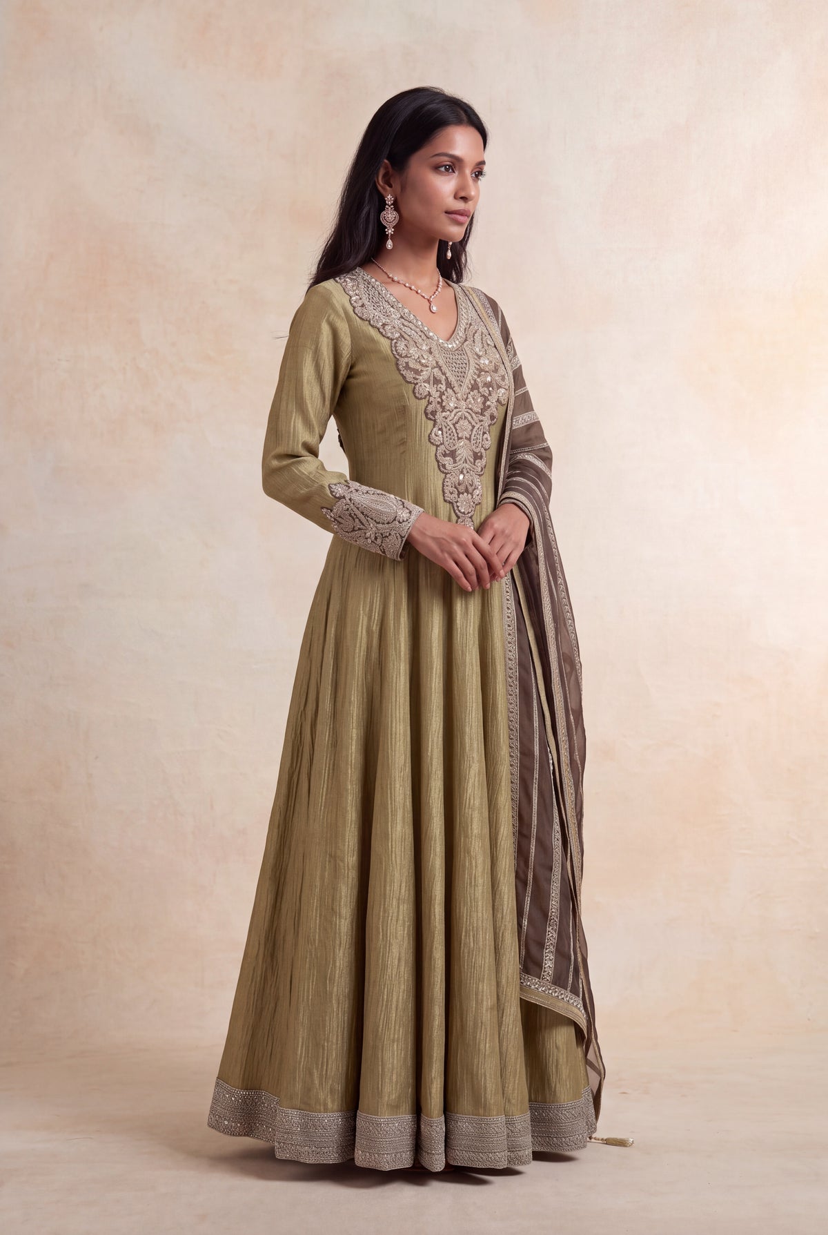 Olive Crush Tissue Anarkali - Mokshaa