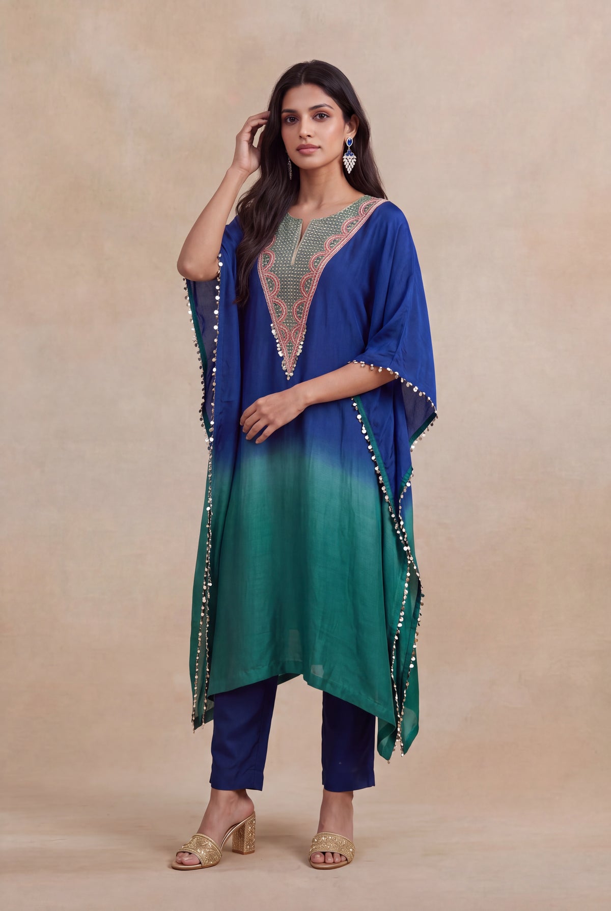 Blue & Emerald Raw Silk Embellished Kaftan Set - Mokshaa