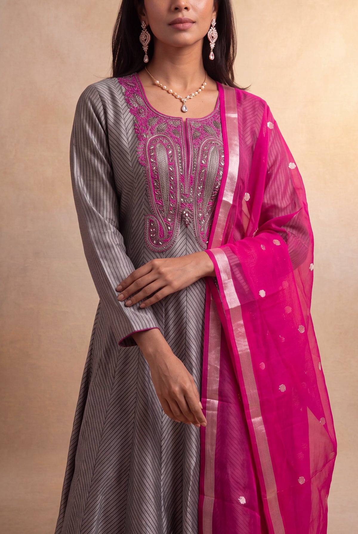 Grey Silk Anarkali Set - Mokshaa