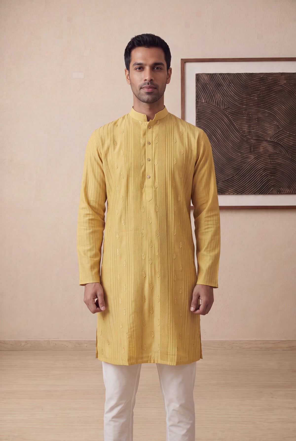 Mustard Yellow Silk Cotton Kurta Pant Set - Mokshaa