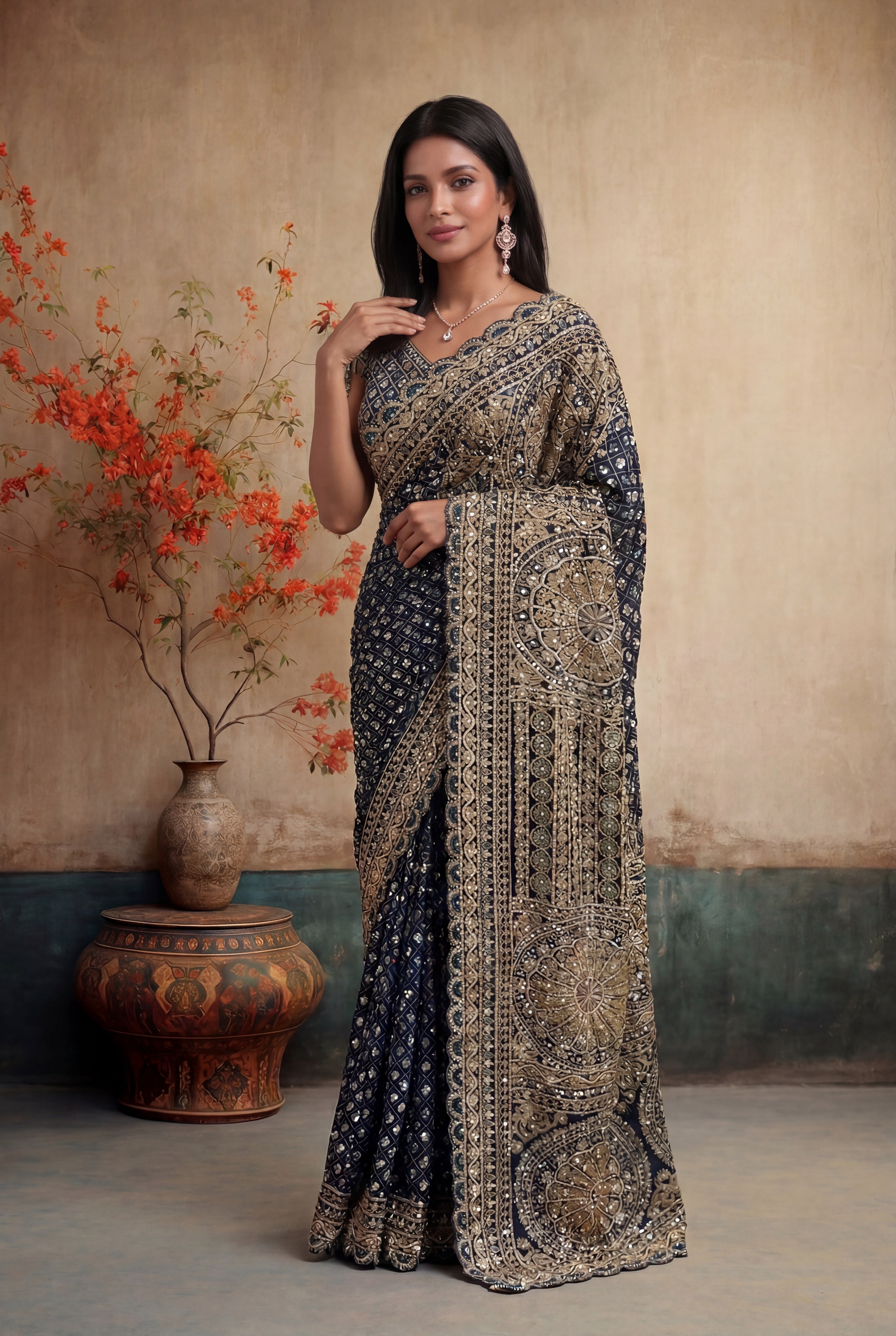 Navy Blue Rinkle Georgette Sequins Saree
