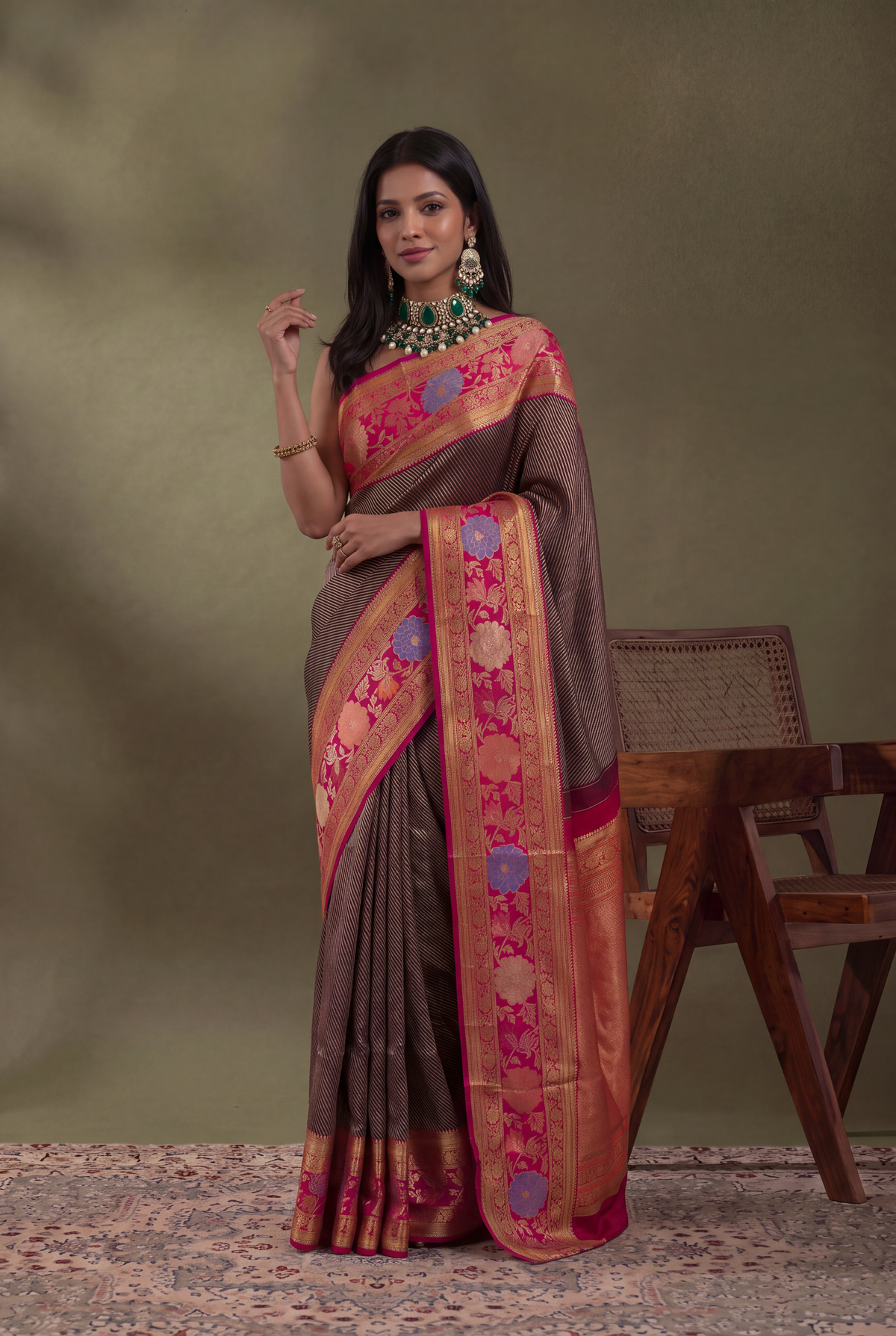 Violet Kanchivaram Silk Jamdani Border Saree - Mokshaa