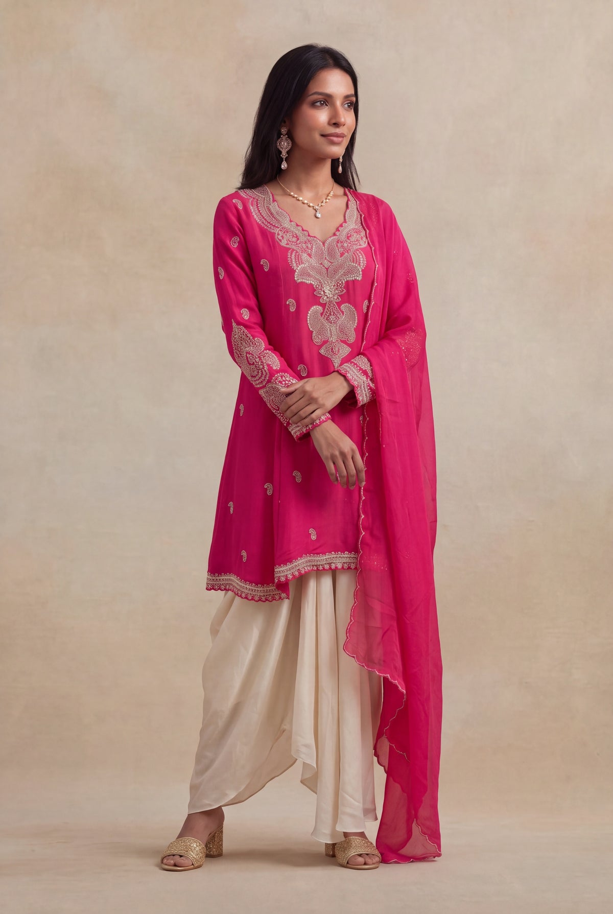 Rani Pink Chinon Indo-Western Drape Set - Mokshaa