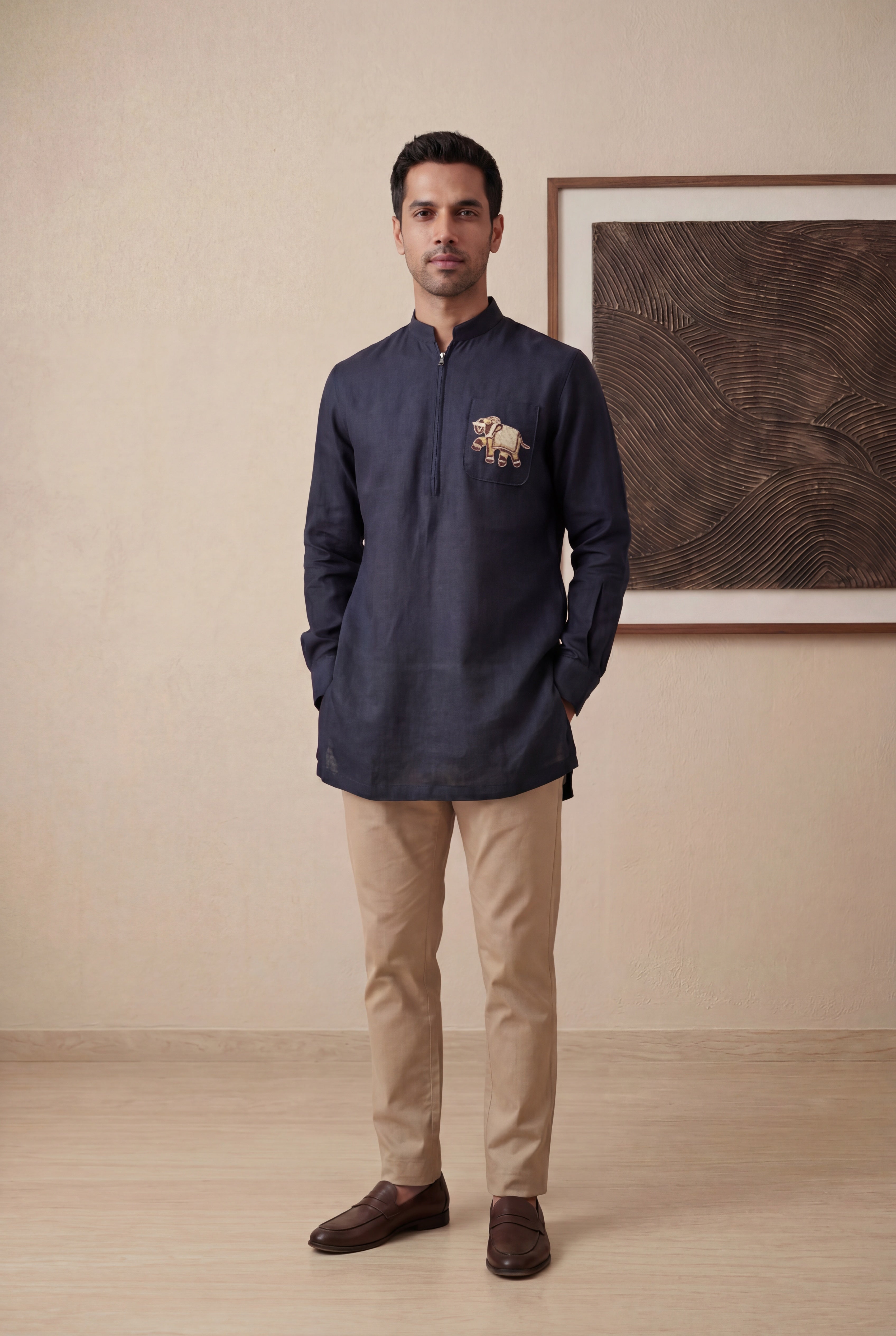 Navy Blue Linen Short Kurta with Elephant Embroidery