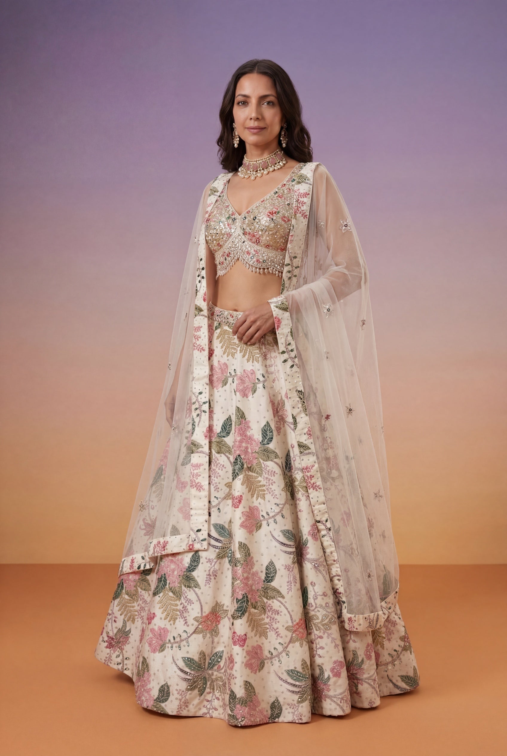 Ivory Floral Printed Raw Silk Lehenga