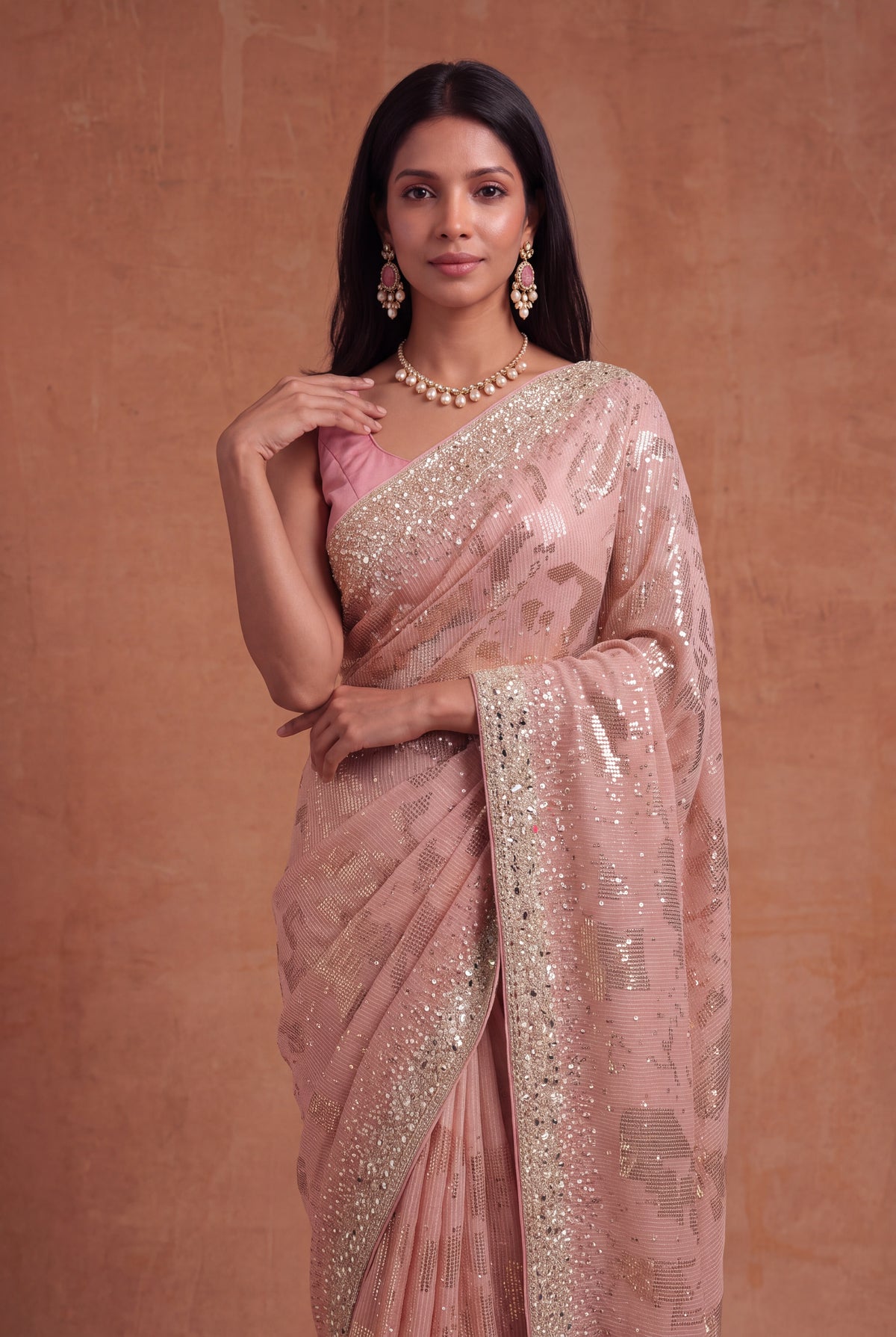 Peach Georgette Saree with Sequin & Mirror Work - Mokshaa