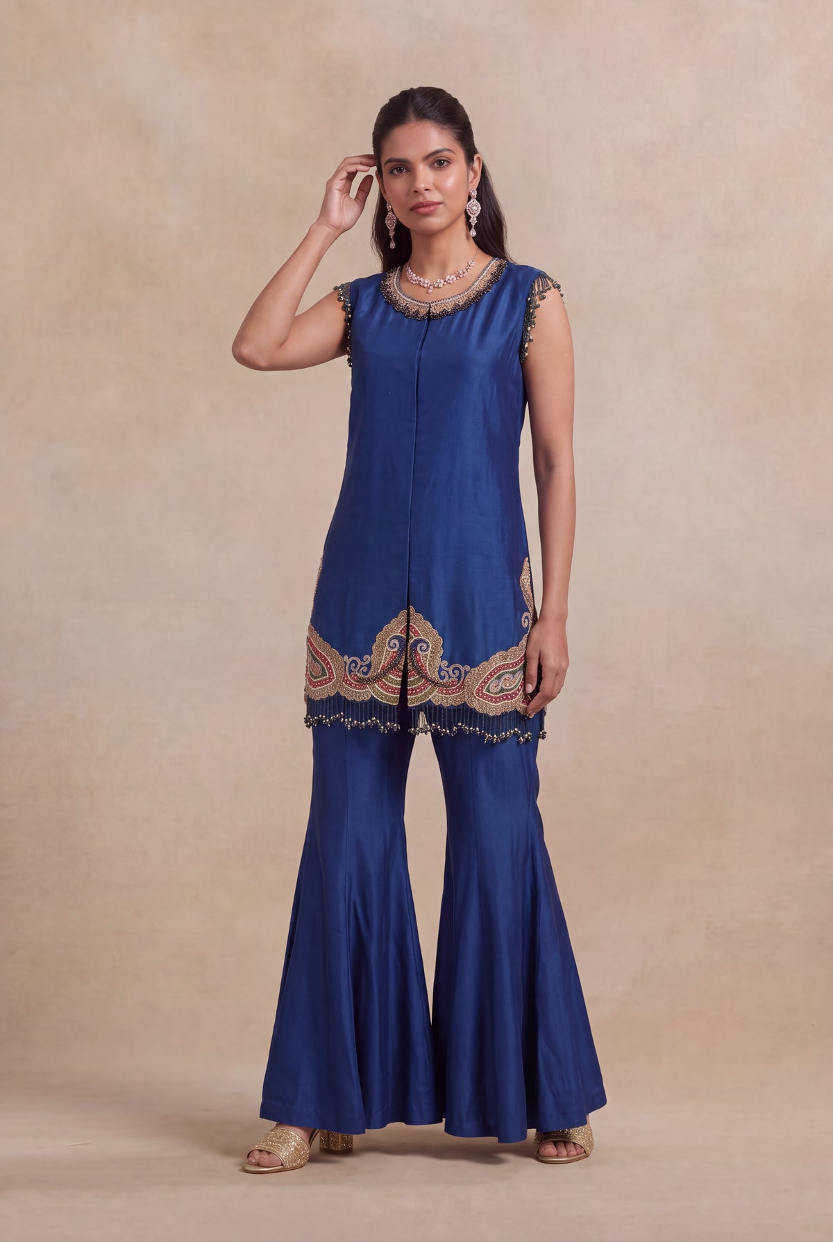 Royal Blue Raw Silk Indo-Western Set with Zardosi Work - Mokshaa