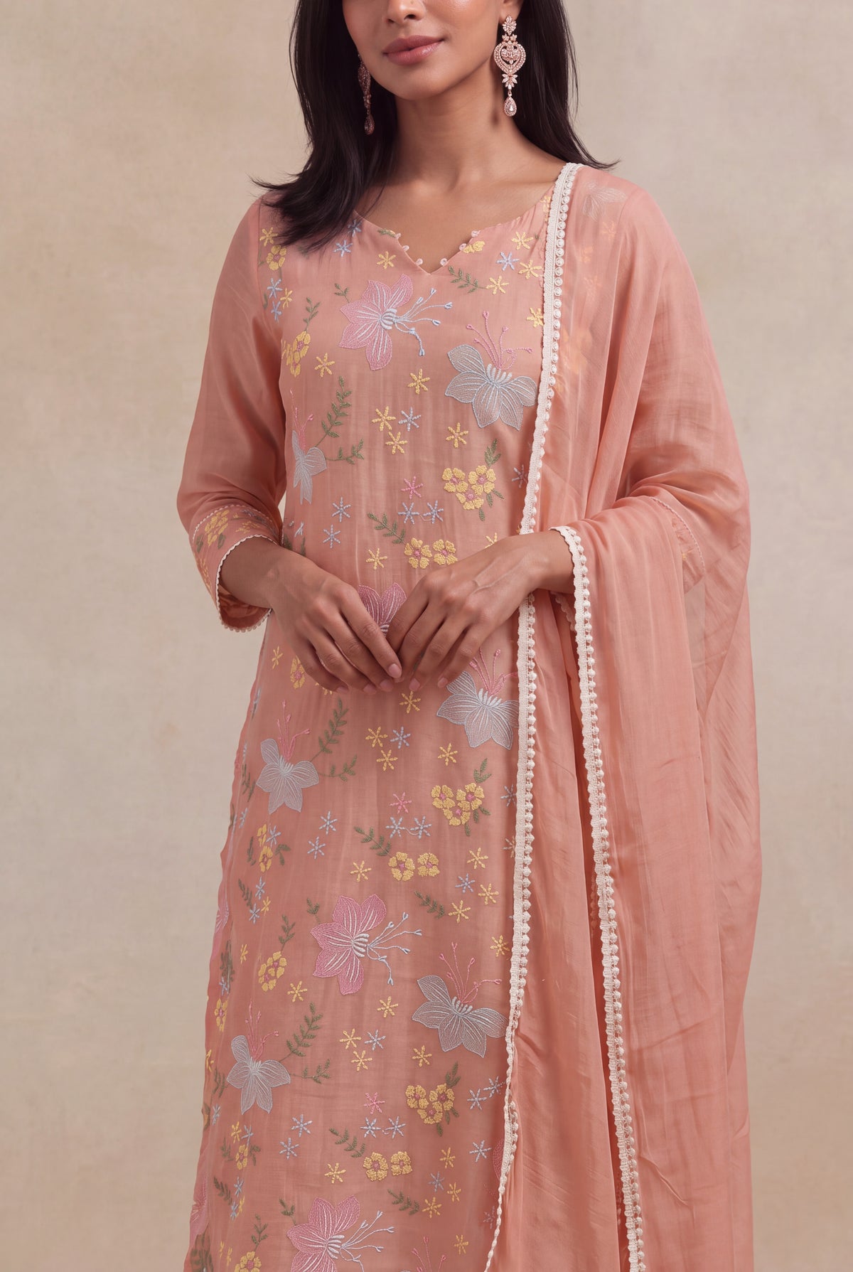 Peach Mul Cotton Embroidered Kurti Set - Mokshaa