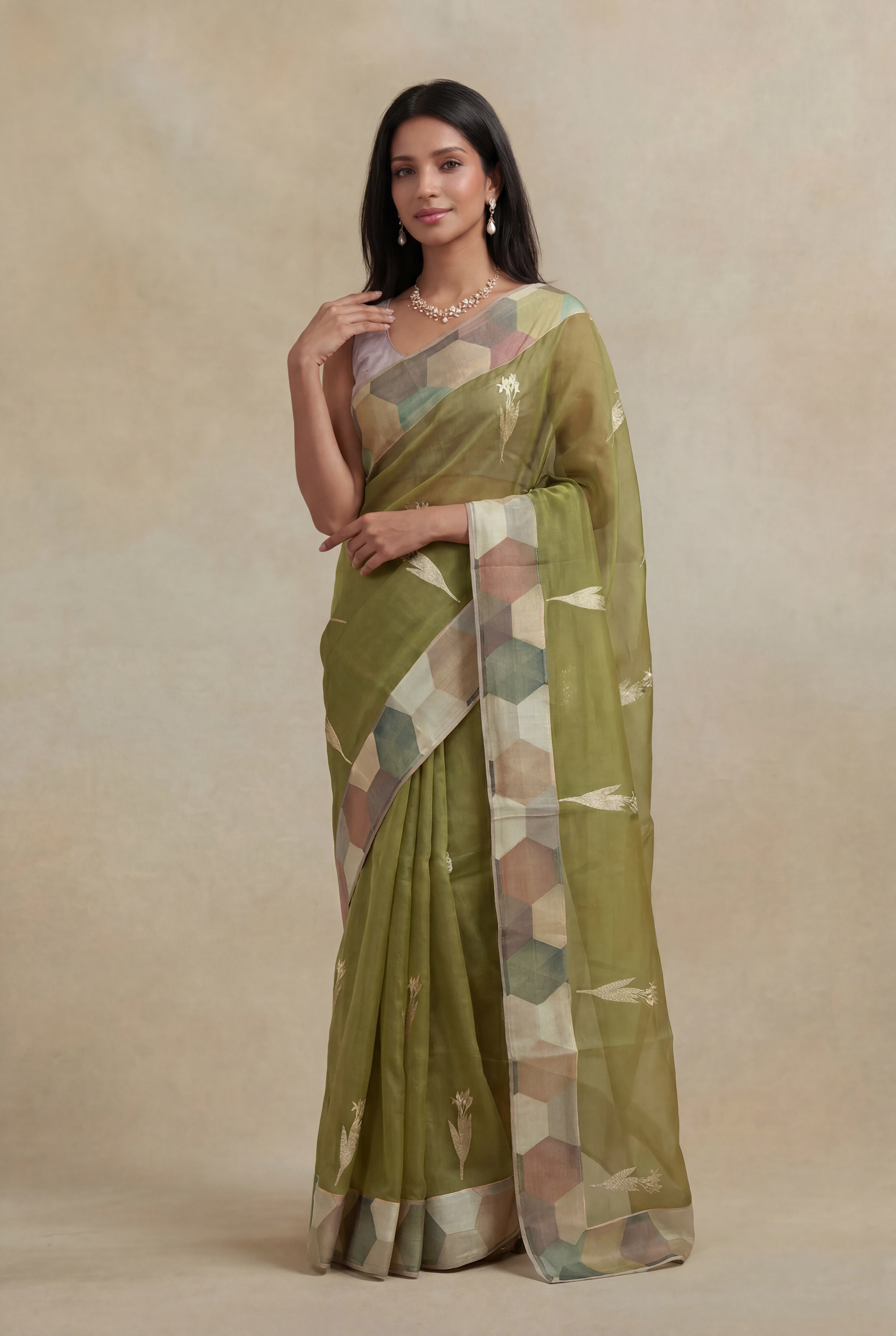 Olive Green Silk Kora Saree