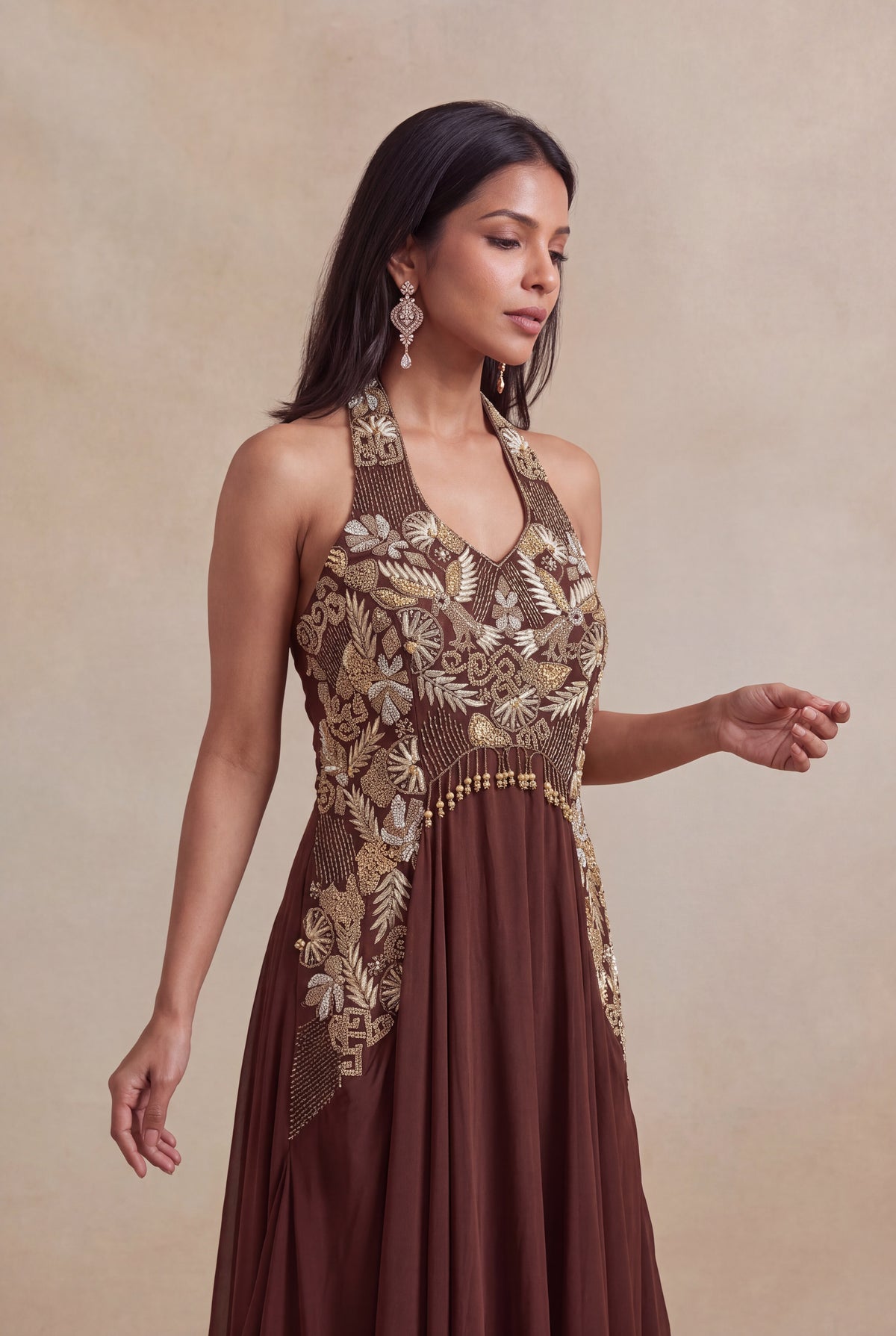 Brown Satin Silk Sequin Embroidered Western Gown - Mokshaa