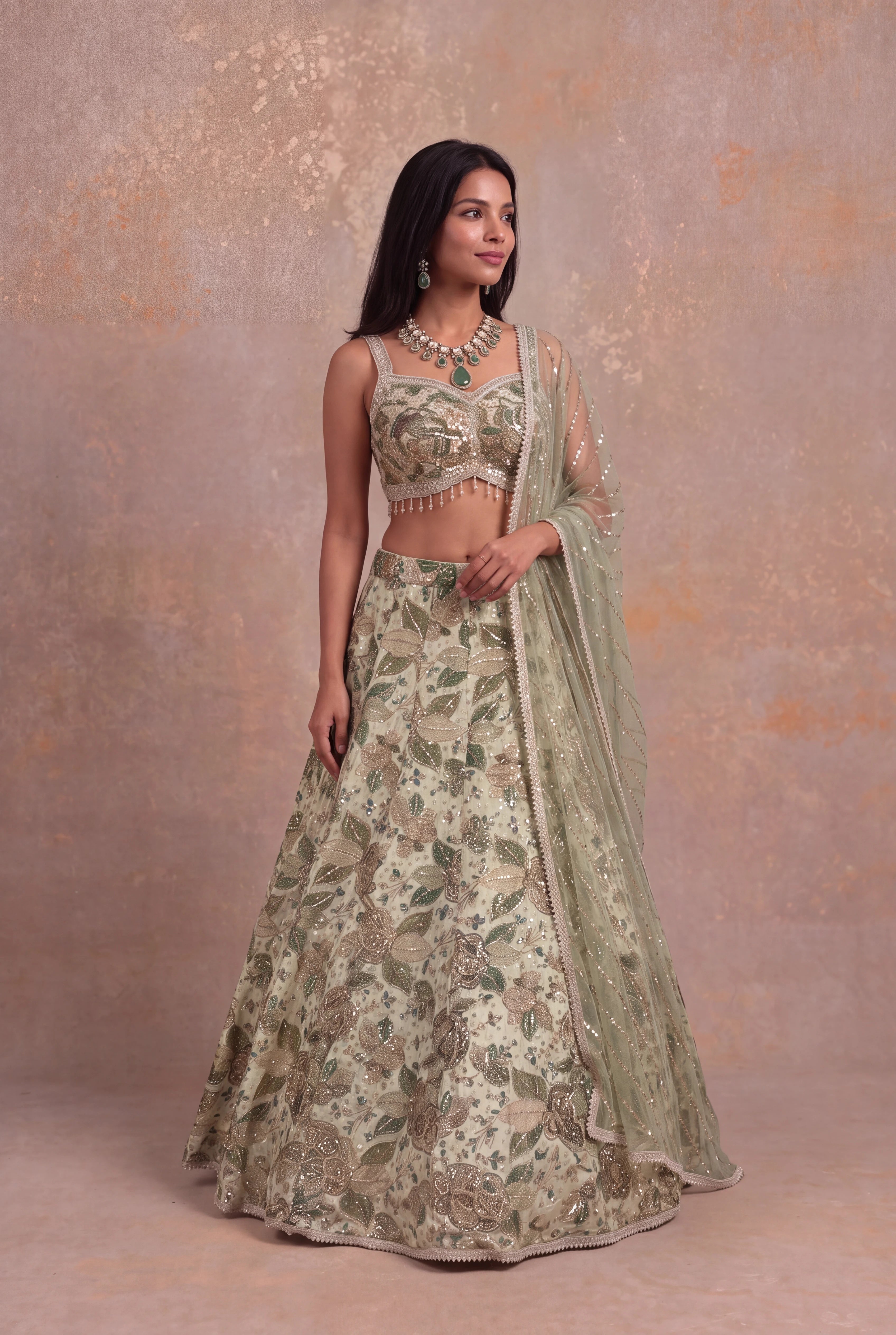 Pistachio Green Crepe Lehenga with Zari, Sequin & Stone Floral Embroidery