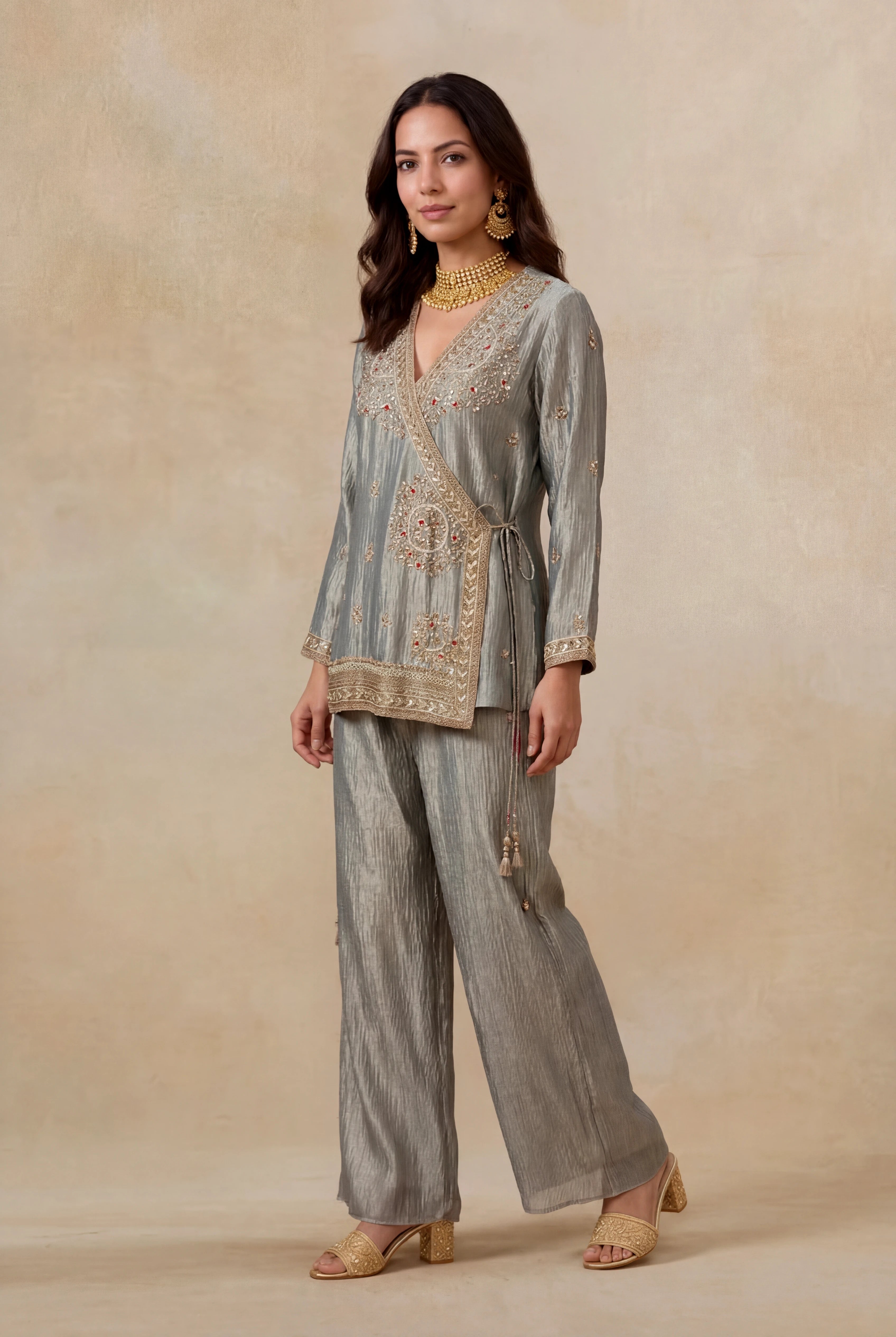 Silver Grey Crush Tissue Indo-Western Co-ord Set