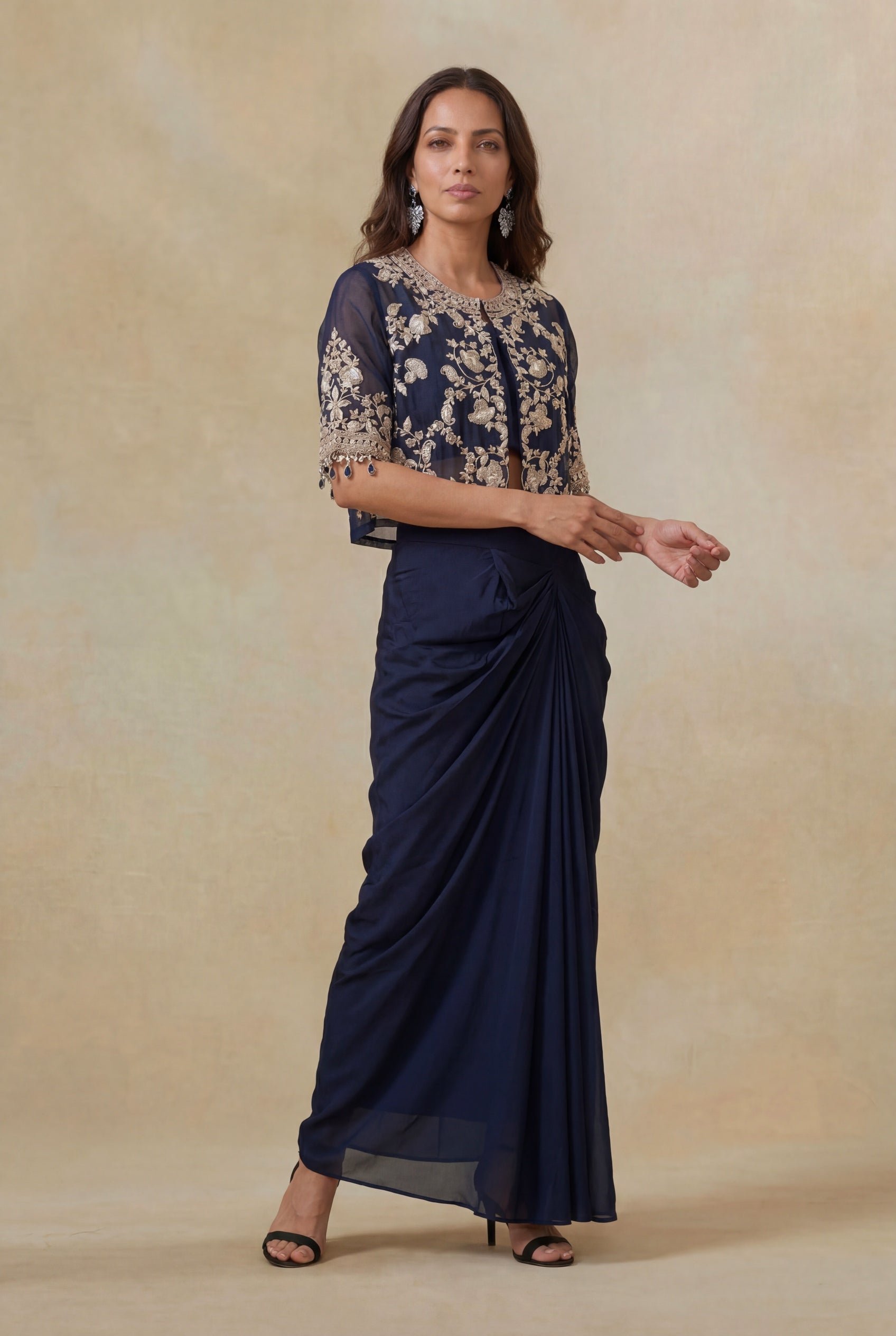 Navy Blue Embroidered Silk Indo-Western