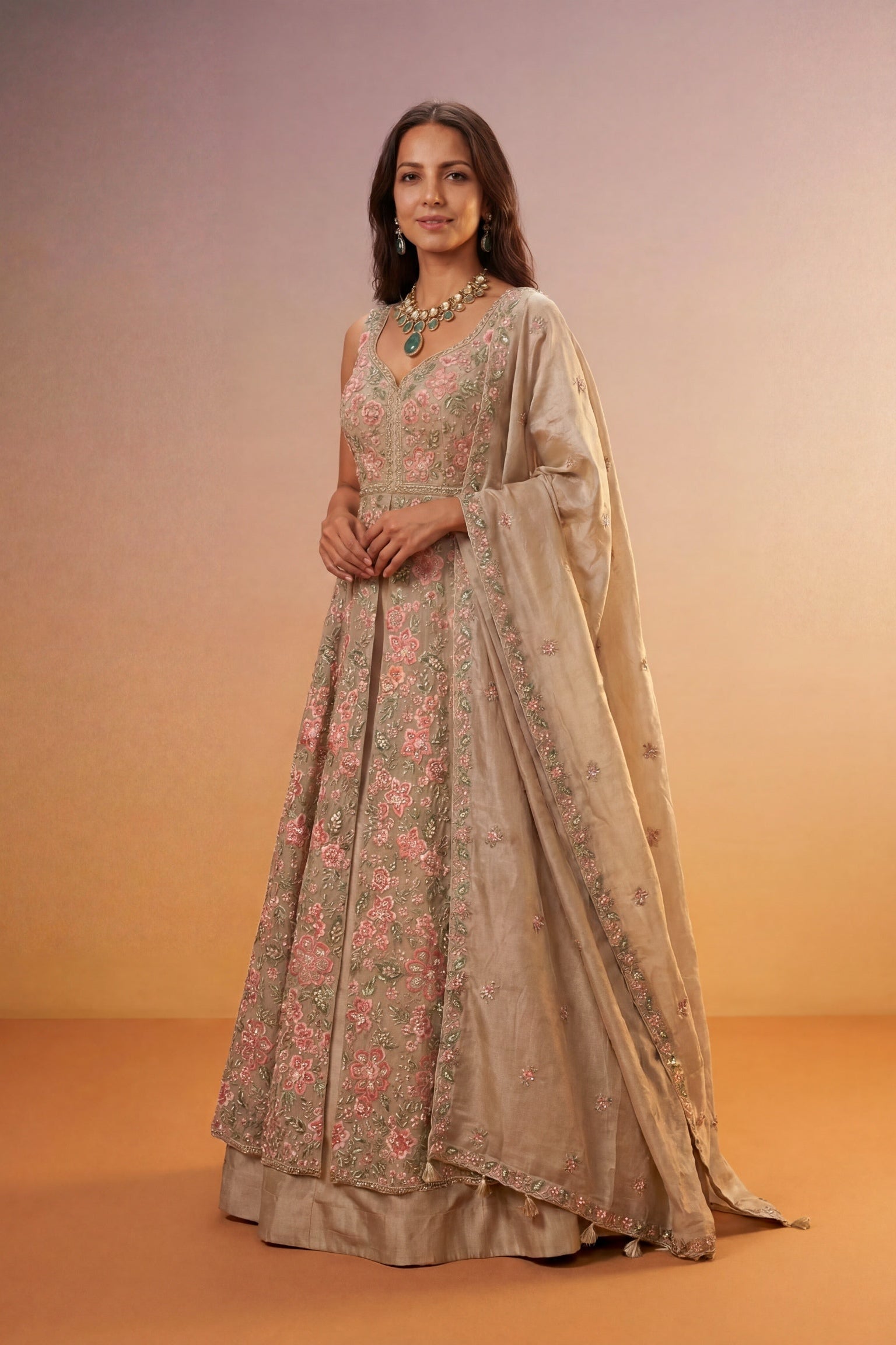 Champagne Beige Tissue Silk Indo-Western Lehenga