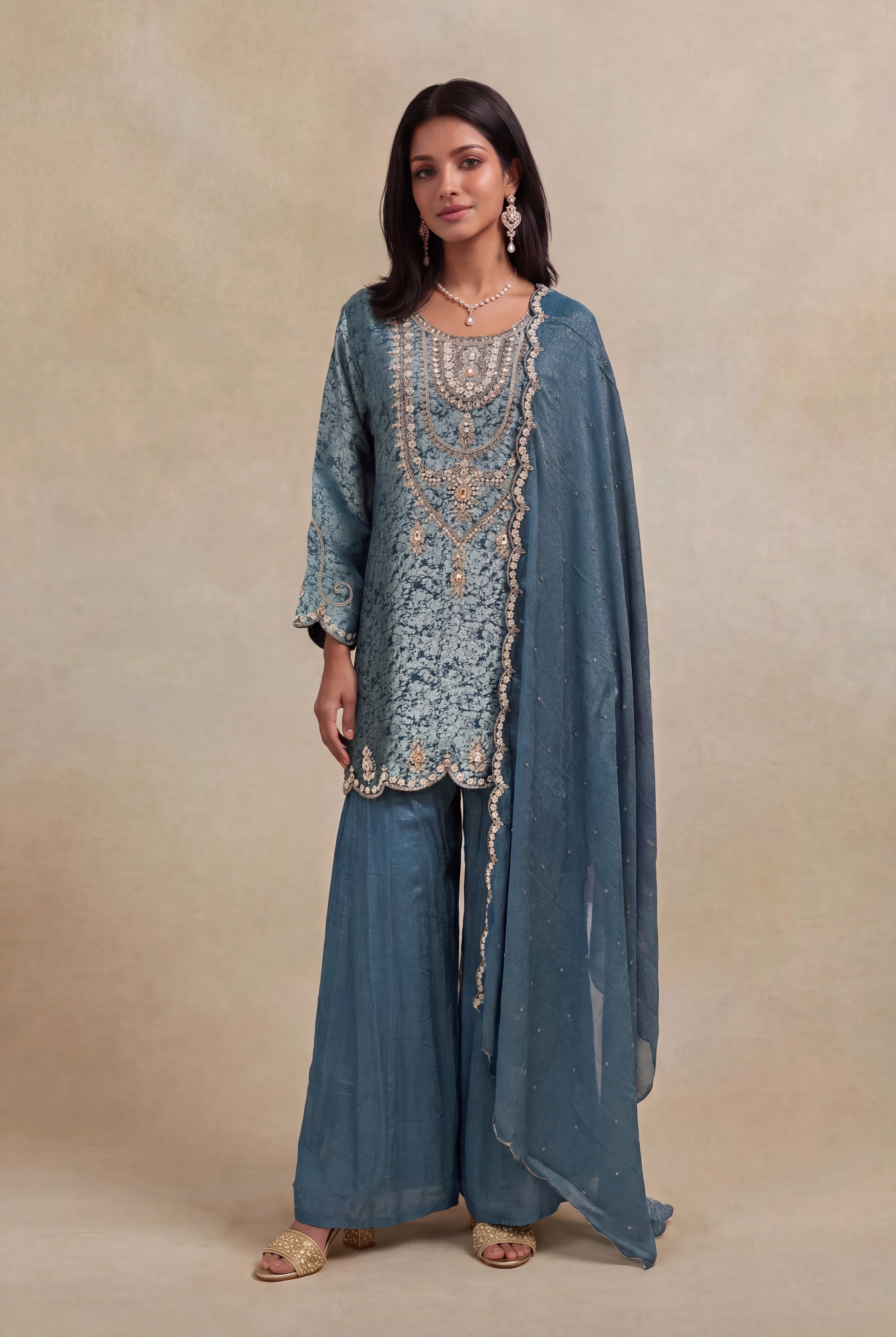 Blue Tissue Short Kurta Sharara Set