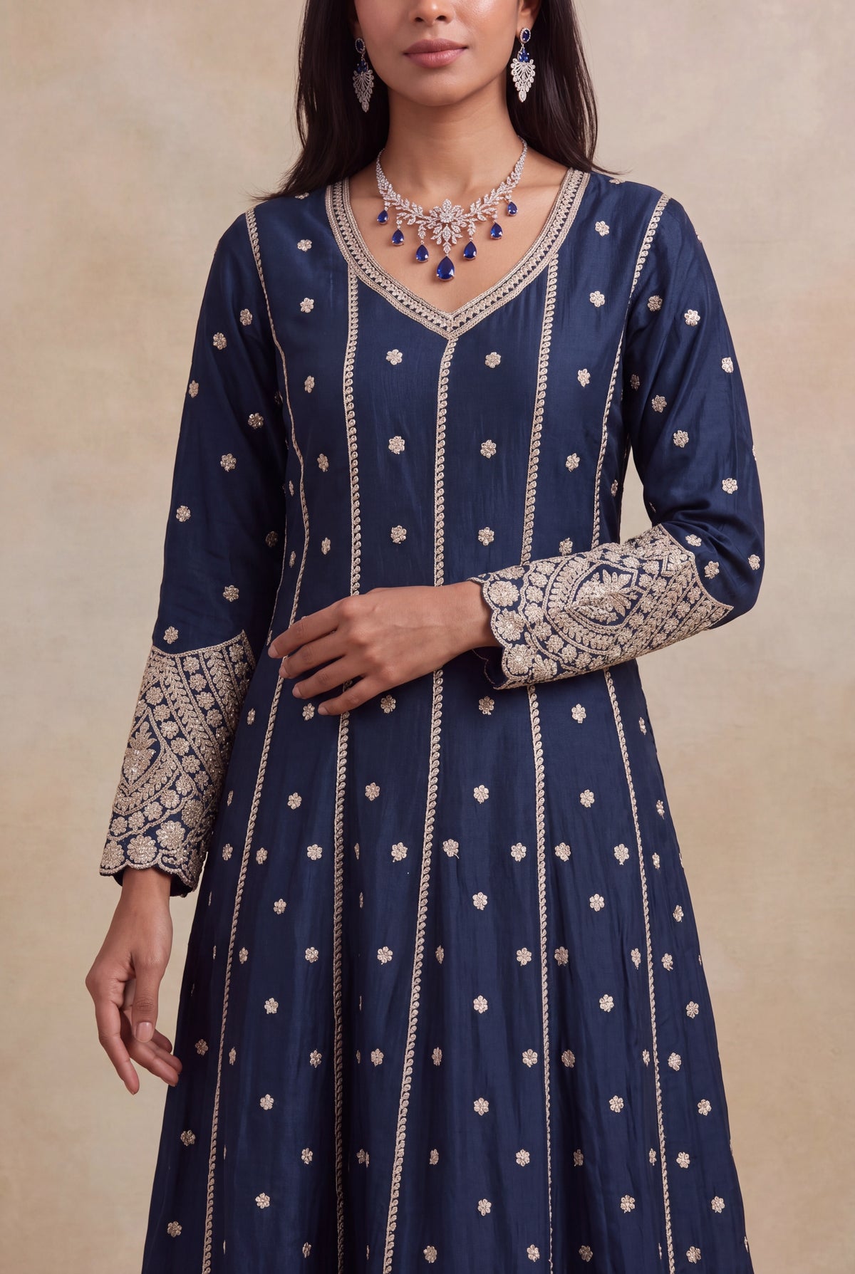 Navy Blue Raw Silk Anarkali Set - Mokshaa