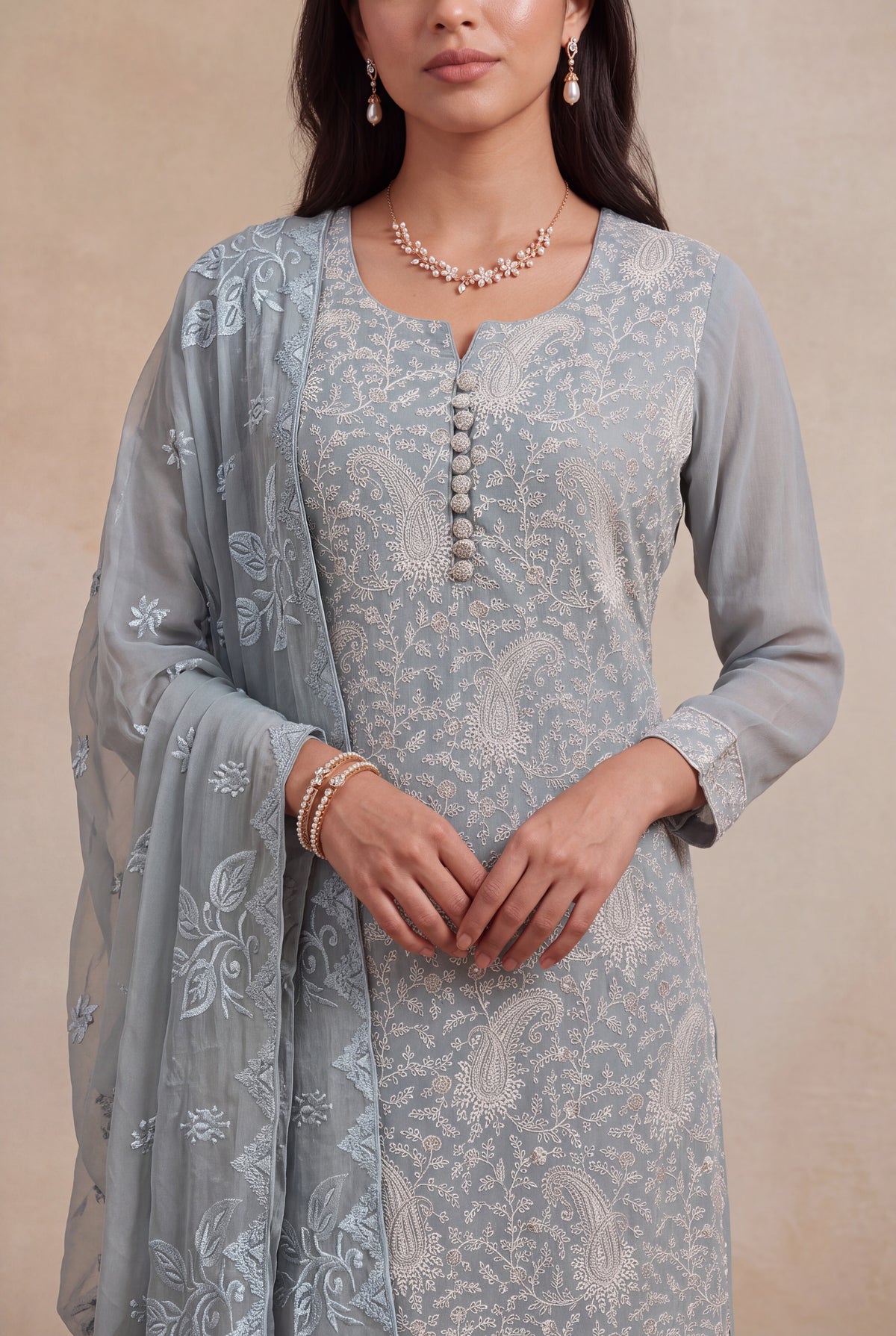 Dusty Blue Georgette Straight-Cut Salwar Suit - Mokshaa