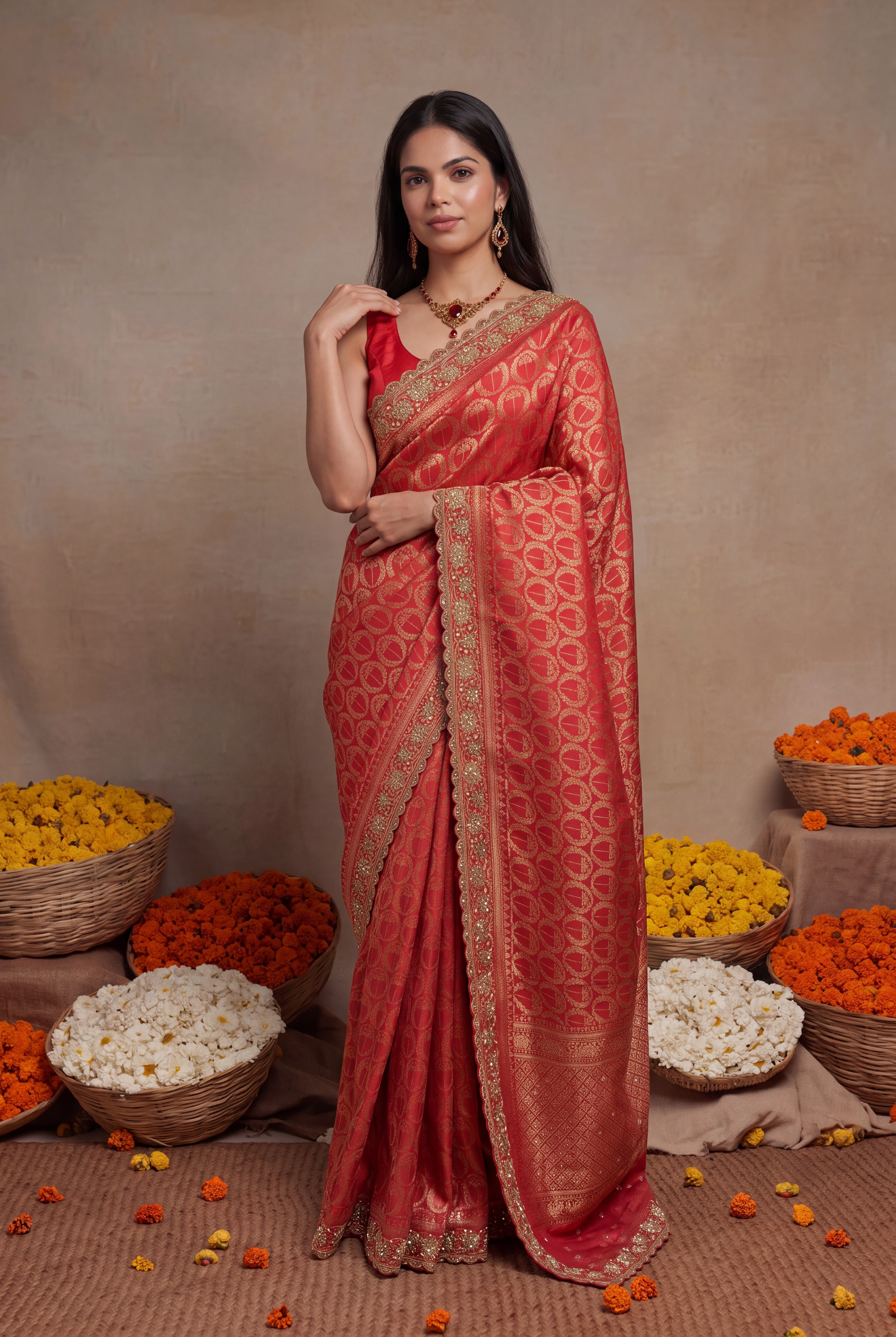 Red Banarasi silk Saree with Zari & Zardozi Border